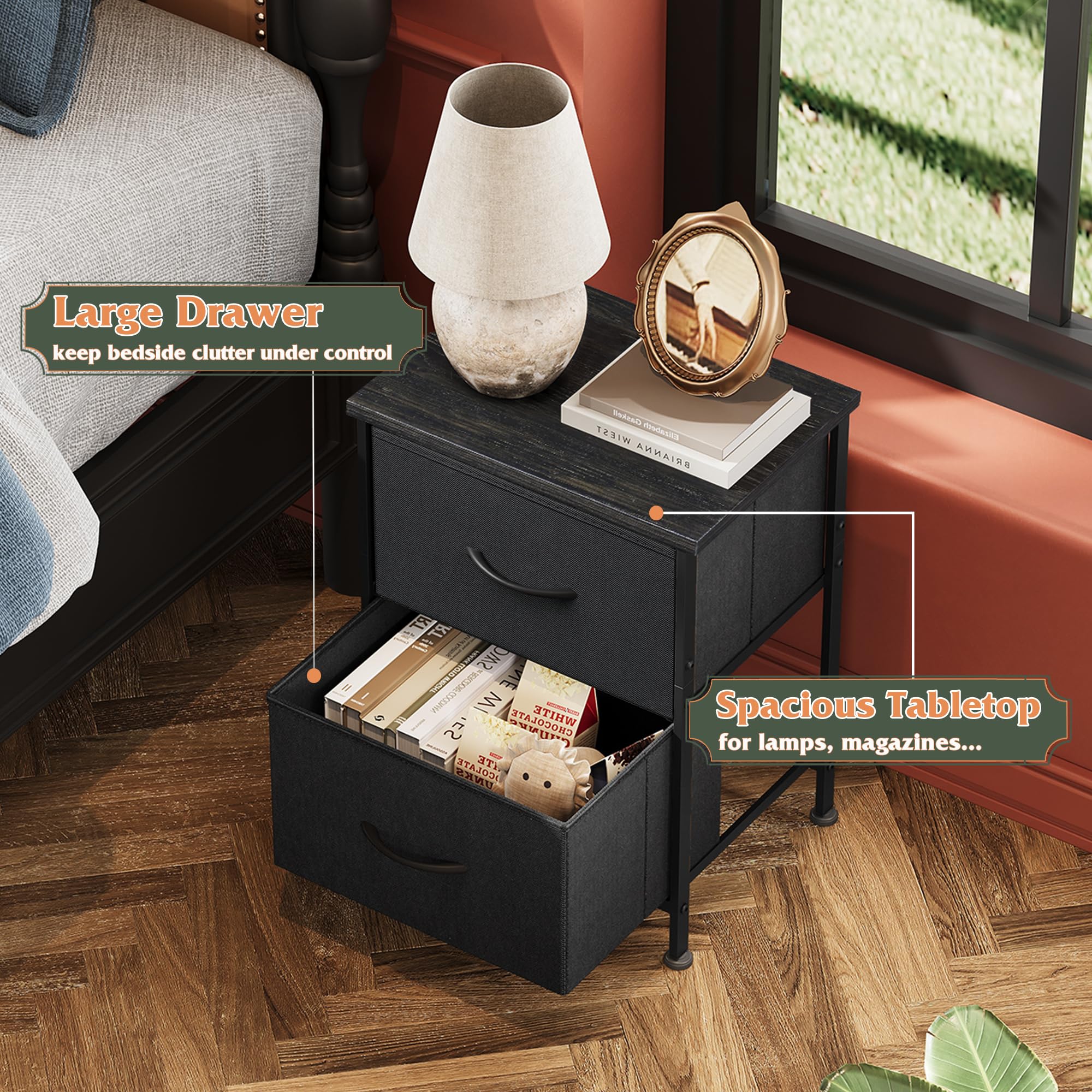 WLIVE bedside table with spill-proof wooden top for easy cleanup