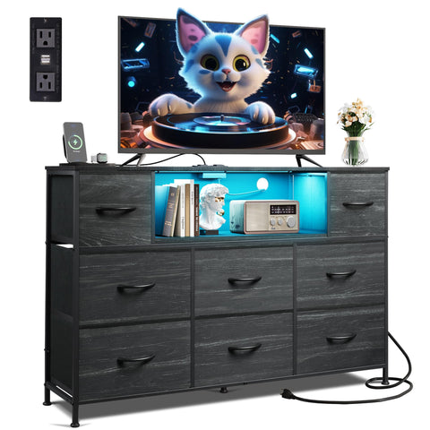 WLIVE Black Dresser TV Stand with wood top keeps entertainment gear neatly organized.
