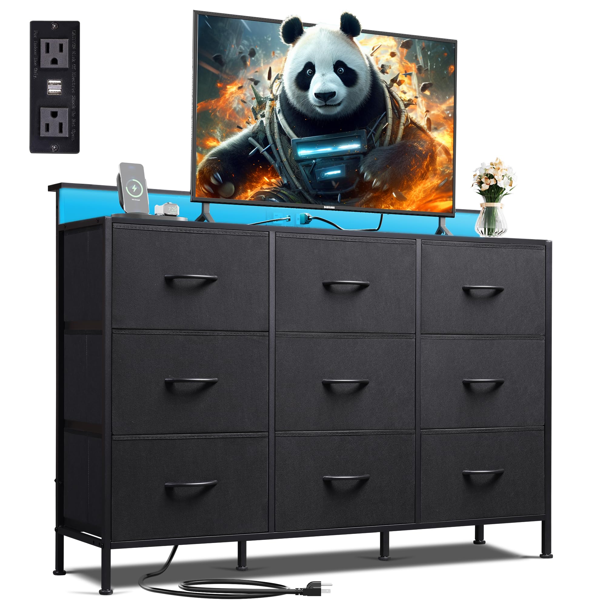 WLIVE Black Dresser TV Stand with LED lights boosts mood and setup.