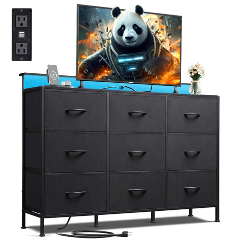 WLIVE Black Dresser TV Stand with LED lights boosts mood and setup.
