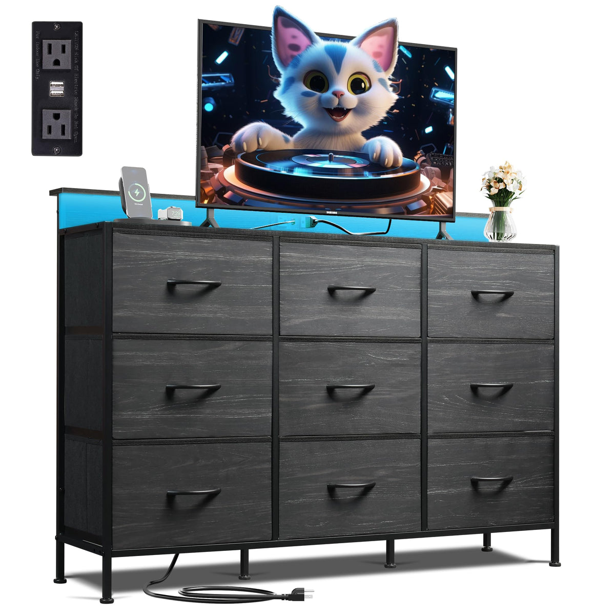 WLIVE Black Dresser TV Stand with Wood Top supports up to 55 inches and keeps wires tidy