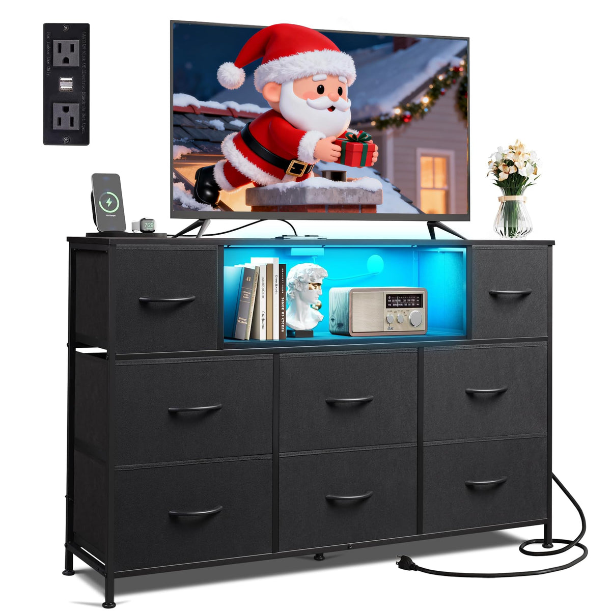 WLIVE Black Dresser TV Stand provides sturdy support for TVs and devices.