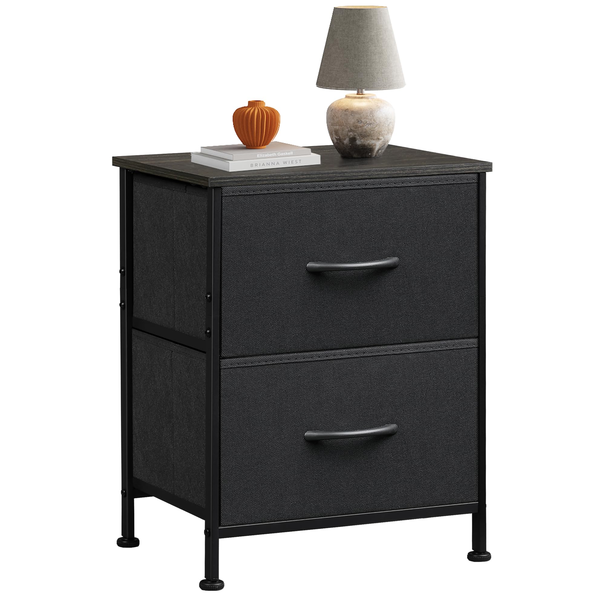 WLIVE black night stand with wooden top and two fabric drawers for organized bedside storage