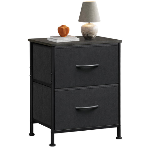 WLIVE black night stand with wooden top and two fabric drawers for organized bedside storage