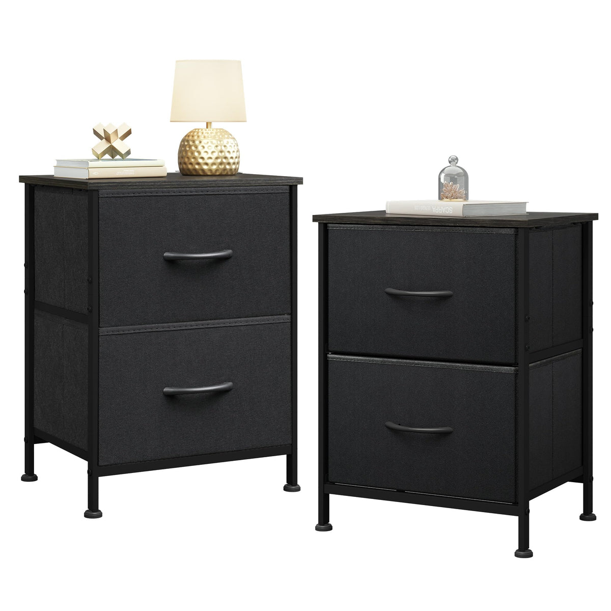 WLIVE black nightstands 2-pack with wood tops, space-saving bedroom duo.