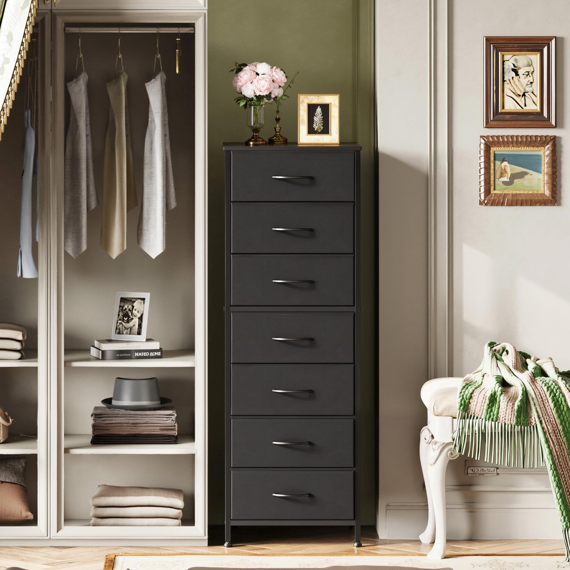 WLIVE black tall dresser side view highlights sturdy frame