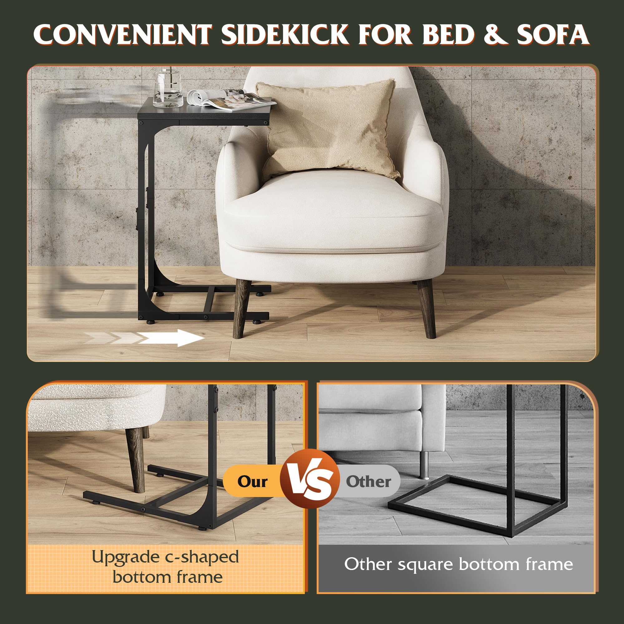 WLIVE C-shaped end table fits beside the sofa for quick reach.