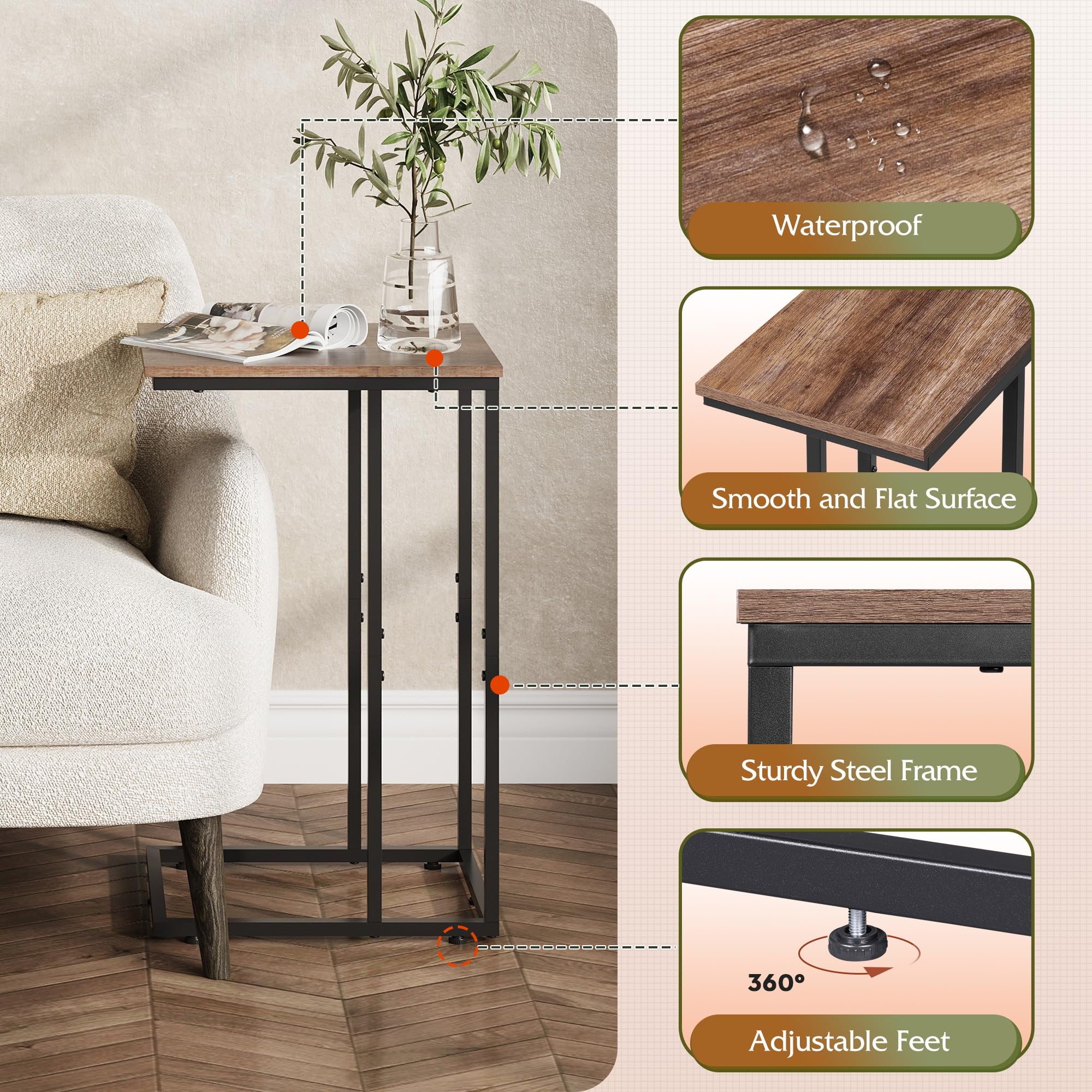WLIVE C-Shaped End Table with four adjustable feet protecting floors on uneven surfaces
