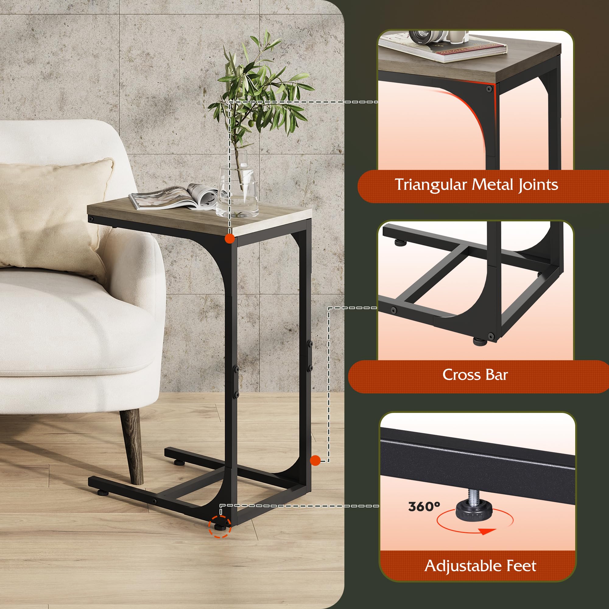 WLIVE C shaped end table in living room setup for remote and drinks.