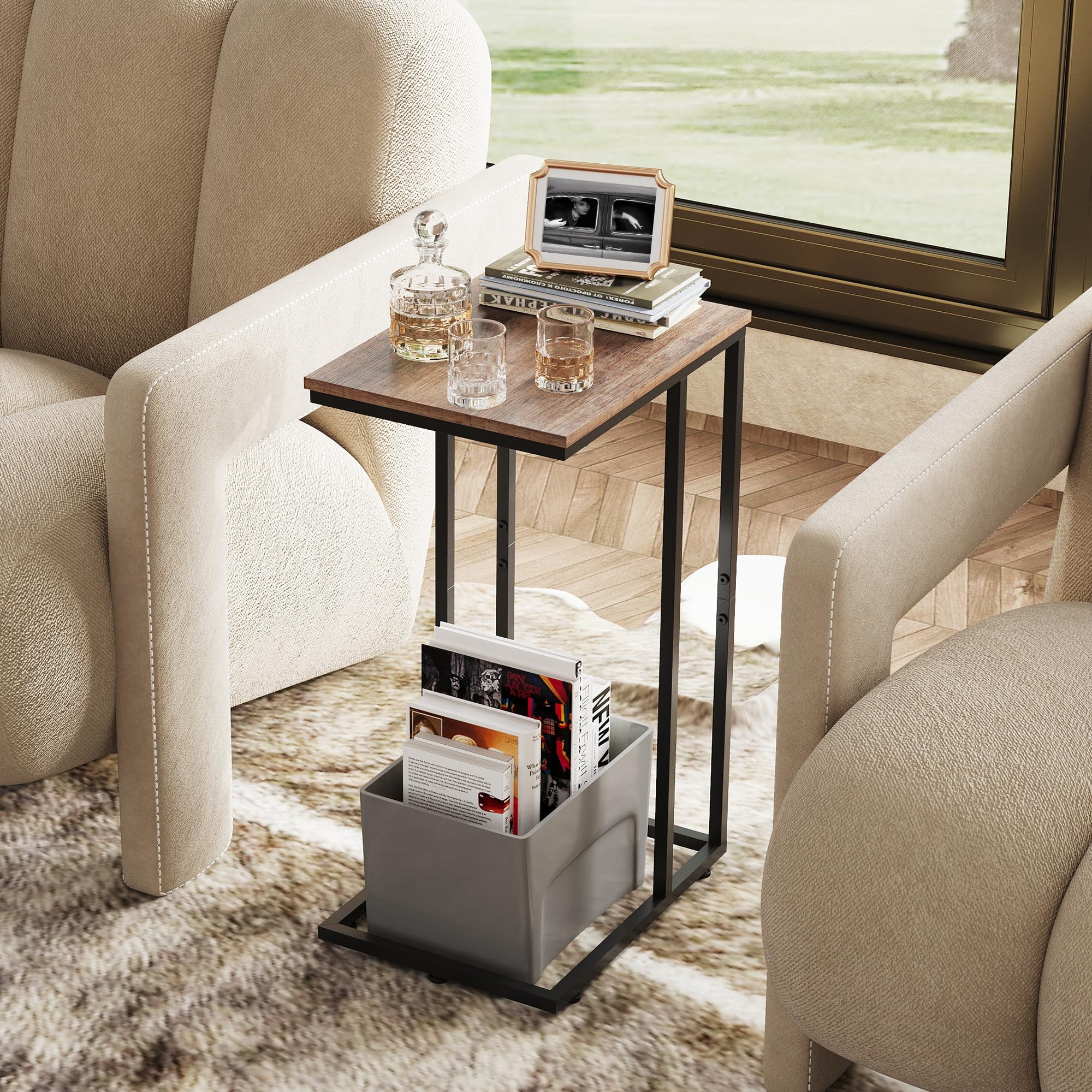 WLIVE C-Shaped End Table side view highlighting slim, space-saving profile