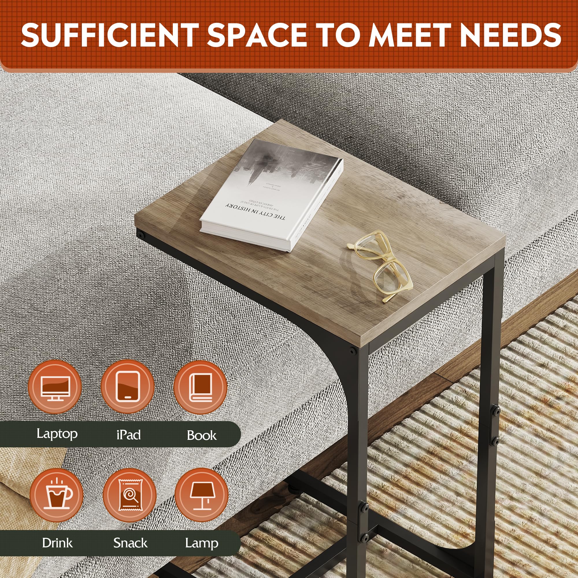 WLIVE C shaped end table shows sturdy steel frame and compact footprint.