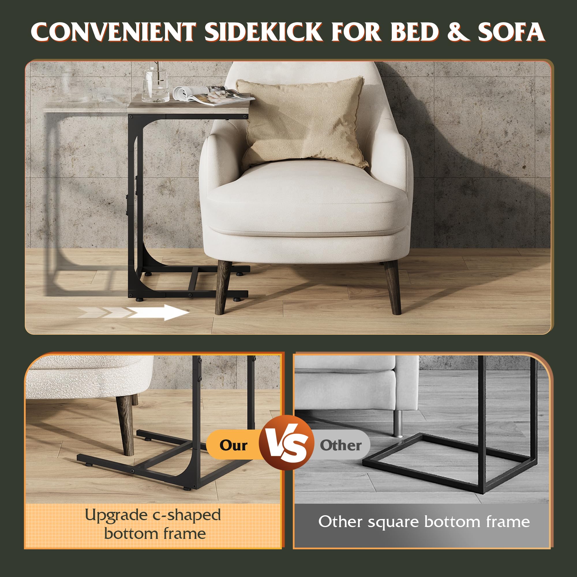 WLIVE C shaped end table top is waterproof and easy to wipe clean.
