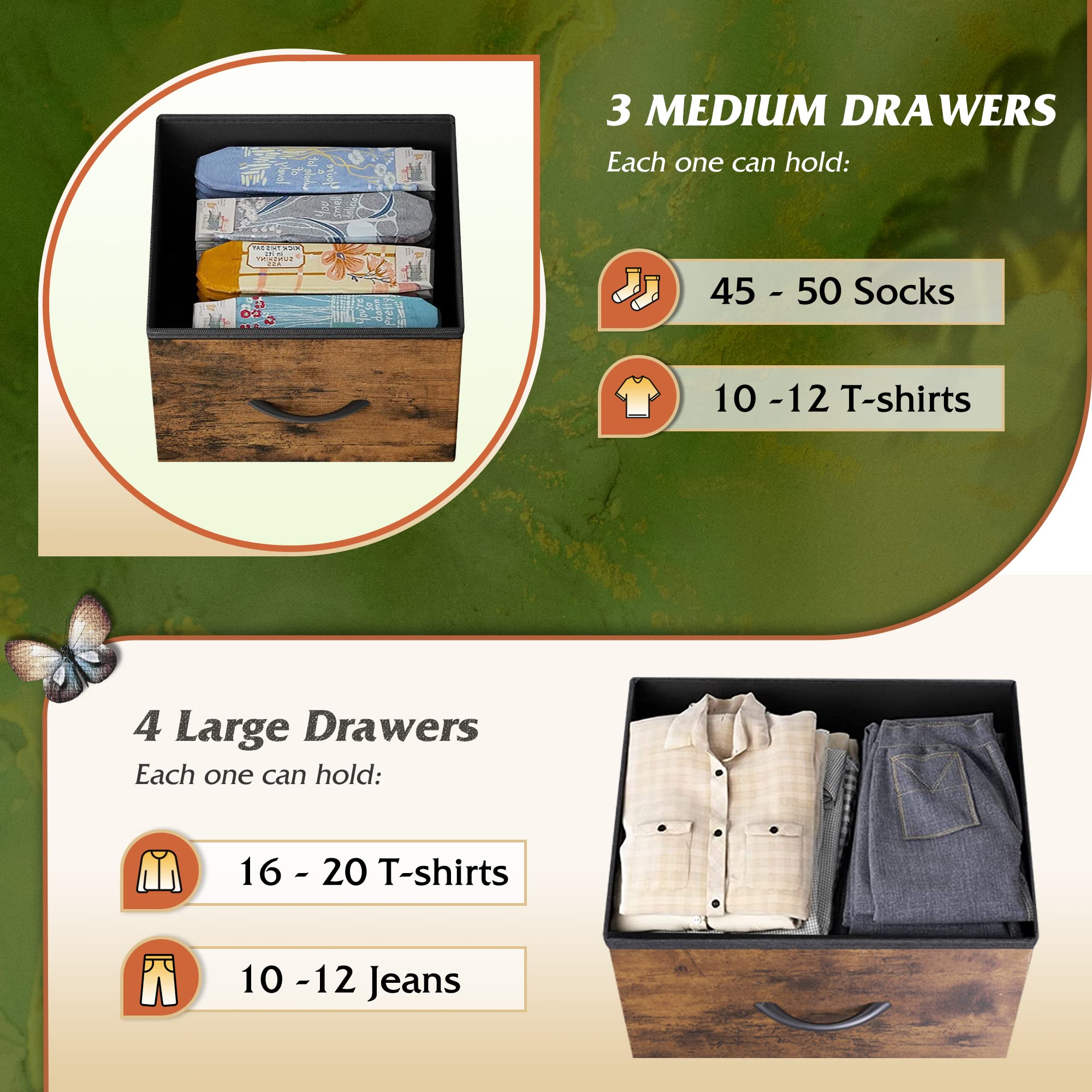 WLIVE drawer dresser with foldable drawers keeps clutter out of sight.