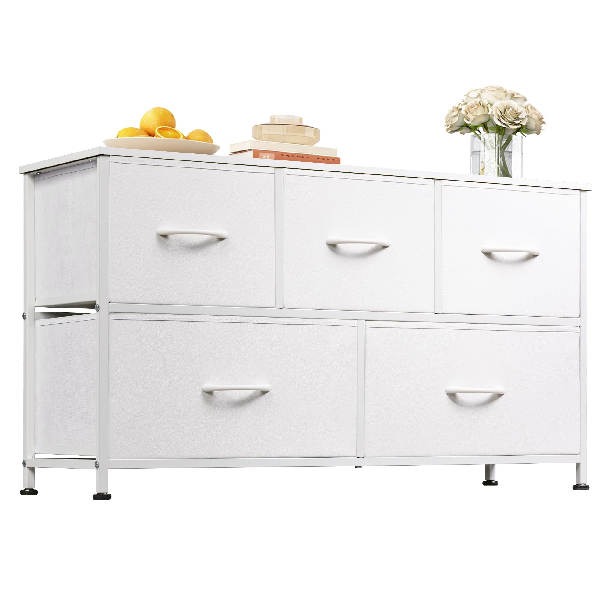 WLIVE dresser with five drawers in a bedroom, showcasing organized clothing storage
