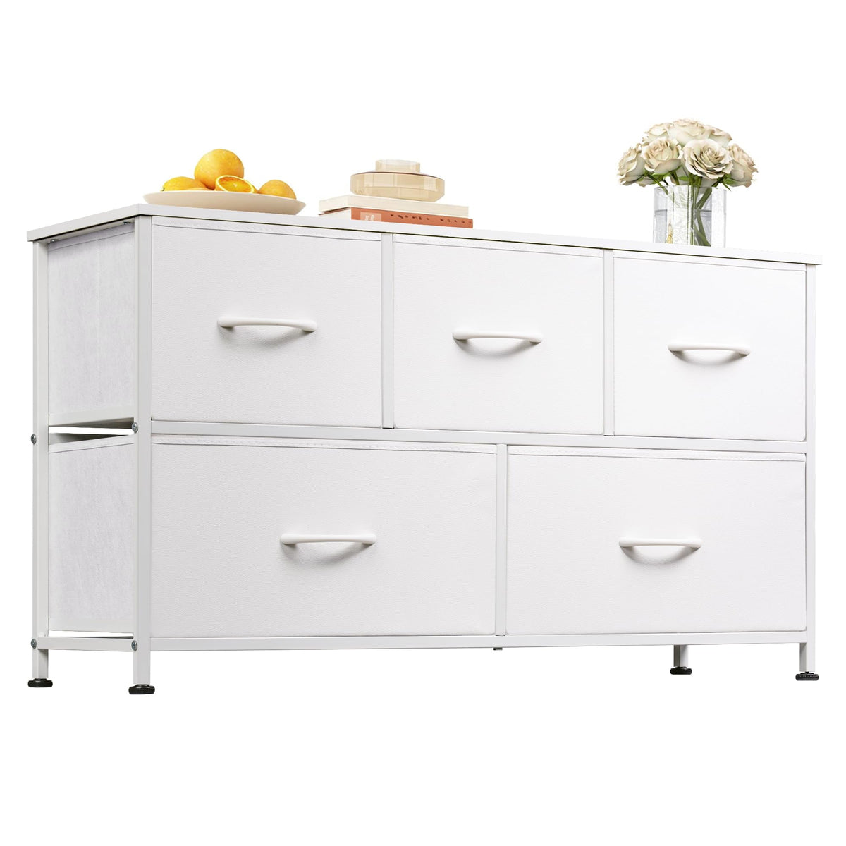 WLIVE dresser with five drawers in a bedroom, showcasing organized clothing storage