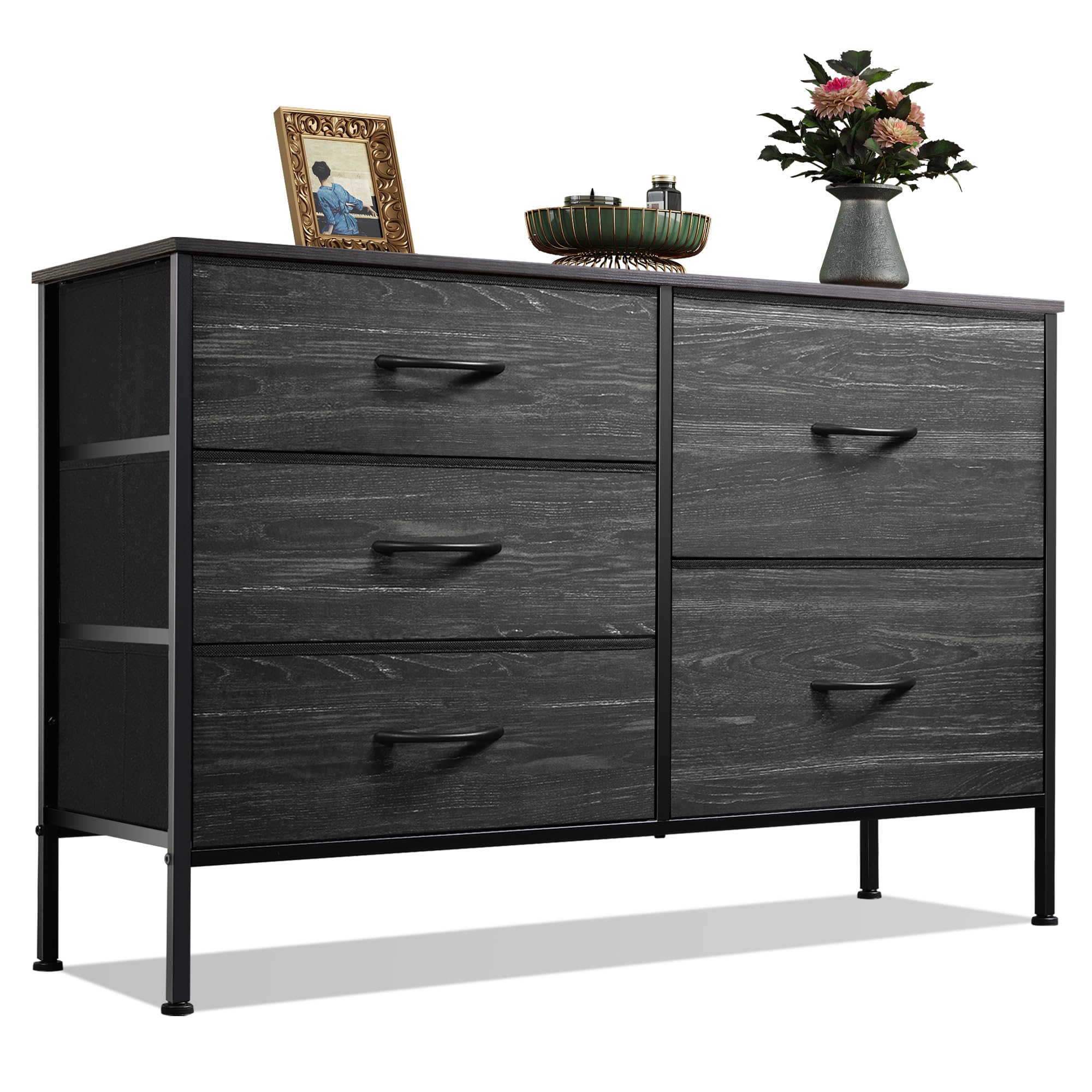 WLIVE dresser front view shows a charcoal wood-grain finish with five organized drawers for tidy clothing storage.