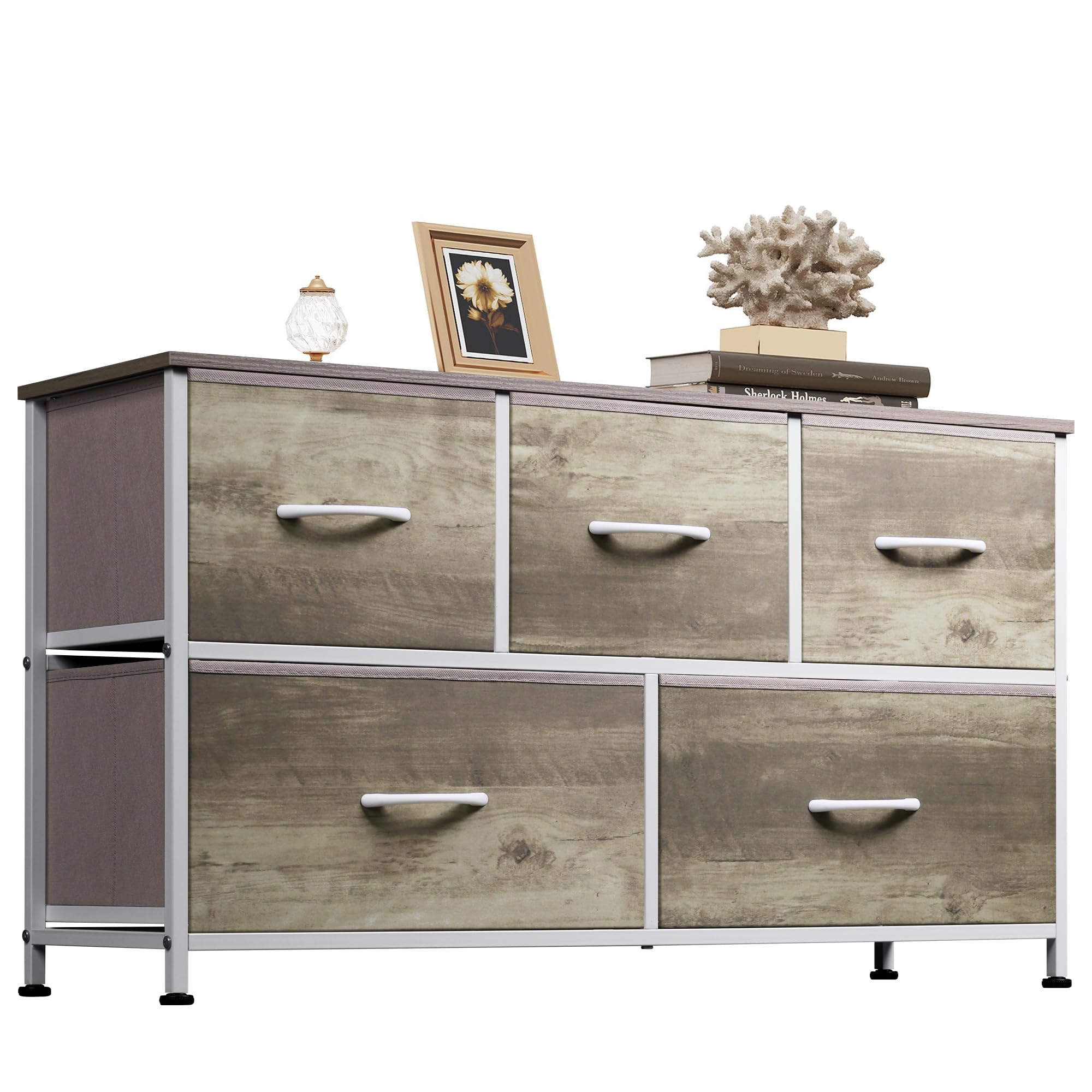 WLIVE dresser with five greige oak drawers front view showing organized storage