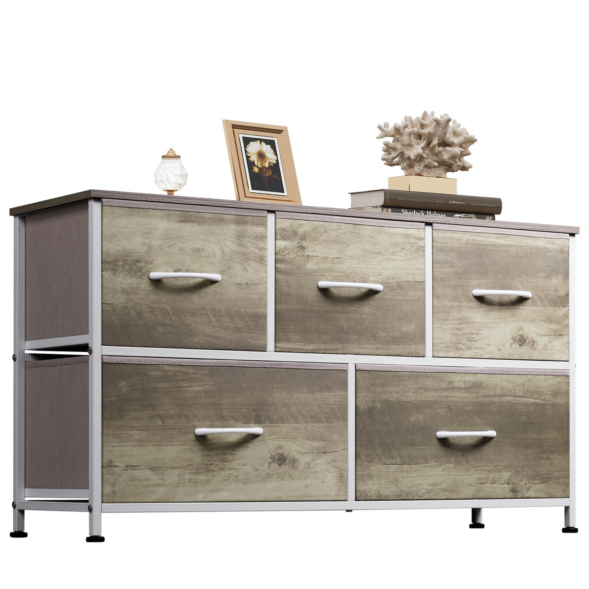 WLIVE dresser with five greige oak drawers front view showing organized storage