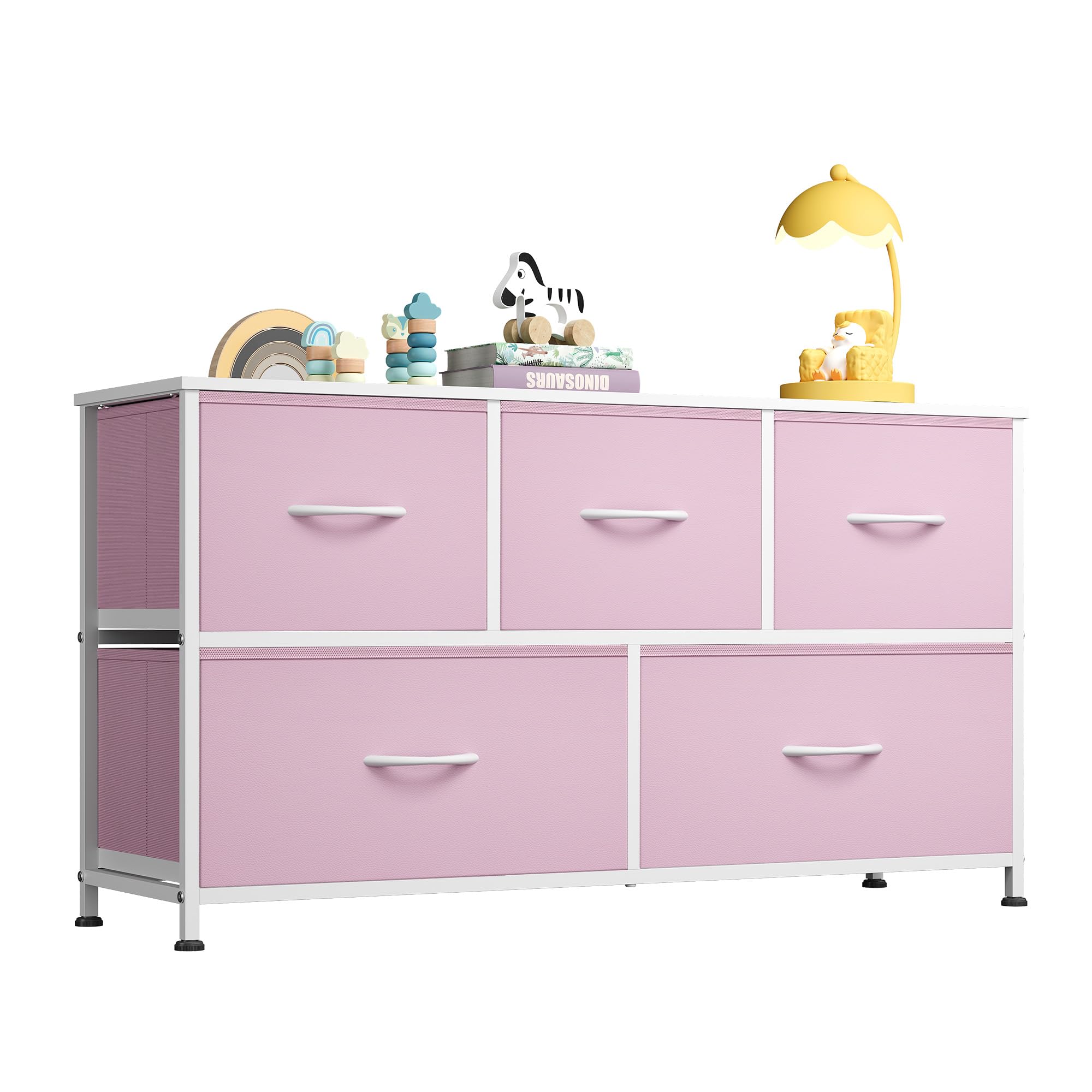 WLIVE dresser with five pink fabric drawers and a wood top for organized storage.