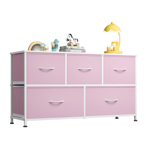 WLIVE dresser with five pink fabric drawers and a wood top for organized storage.