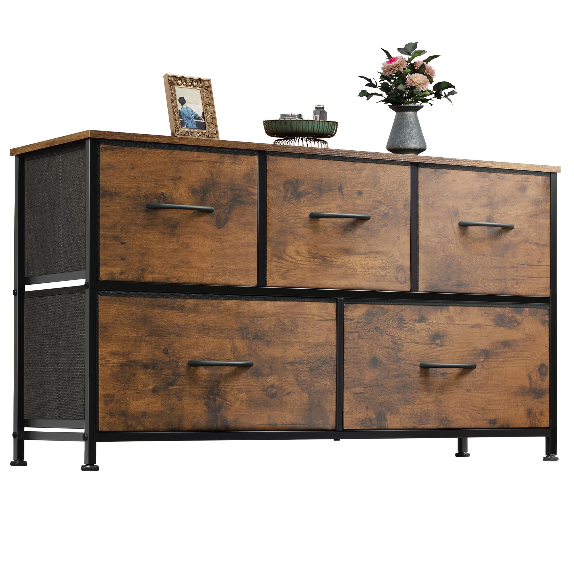 WLIVE Dresser with 5 drawers in rustic brown wood grain for clutter control.