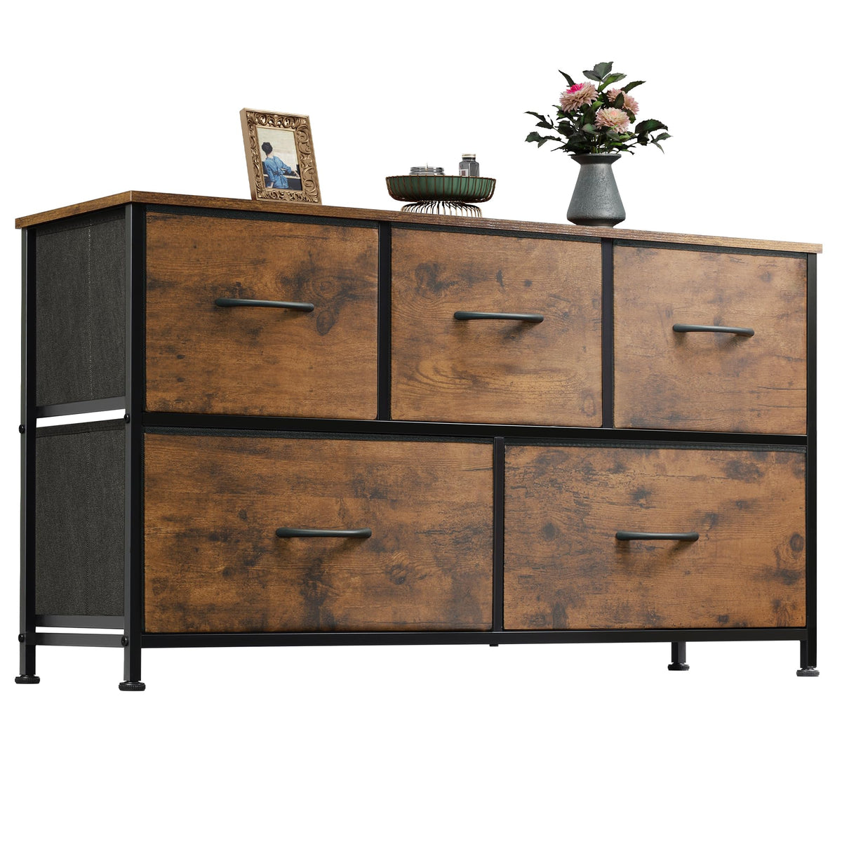 WLIVE Dresser with 5 drawers in rustic brown wood grain for clutter control.