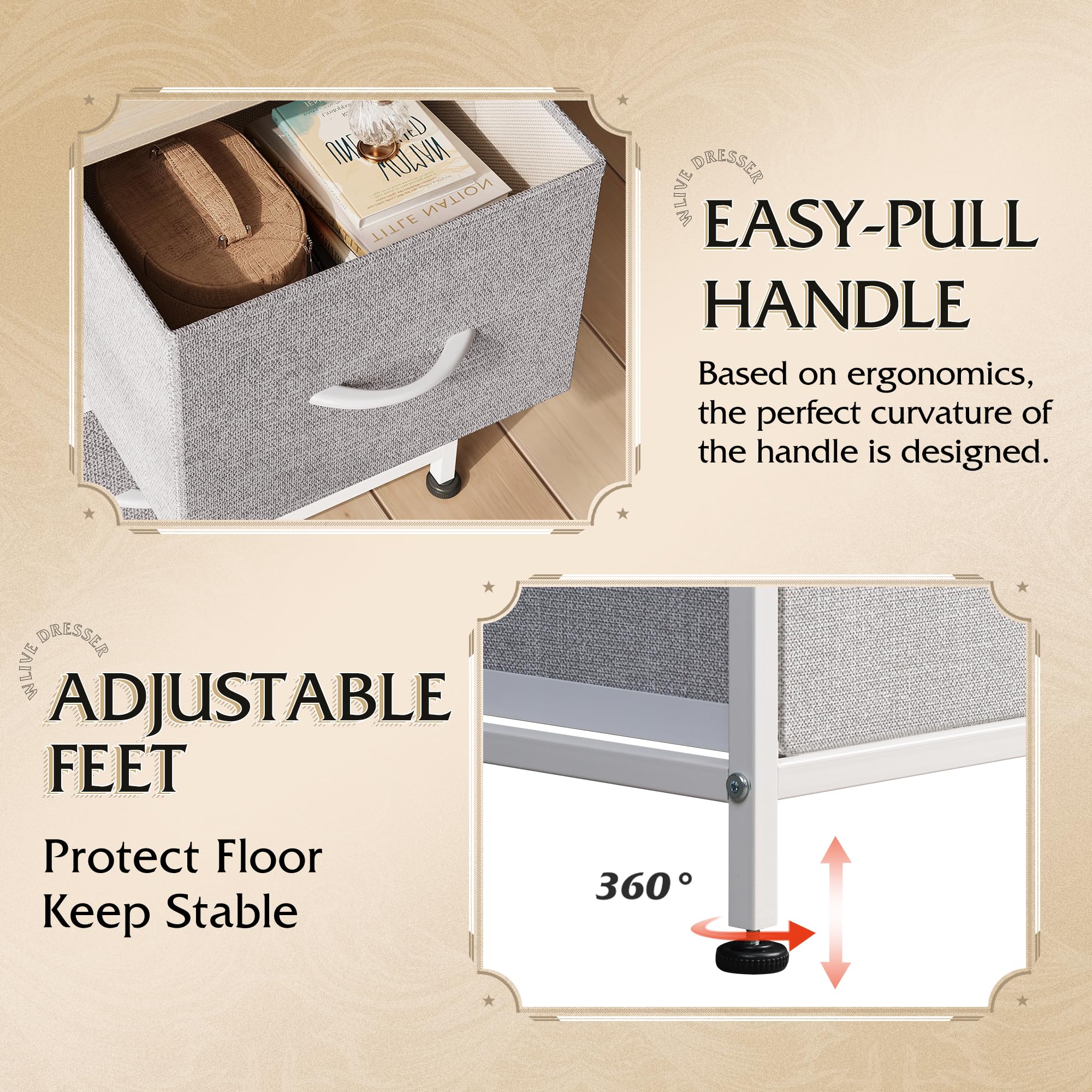 WLIVE dresser adjustable feet protect floors on uneven surfaces.