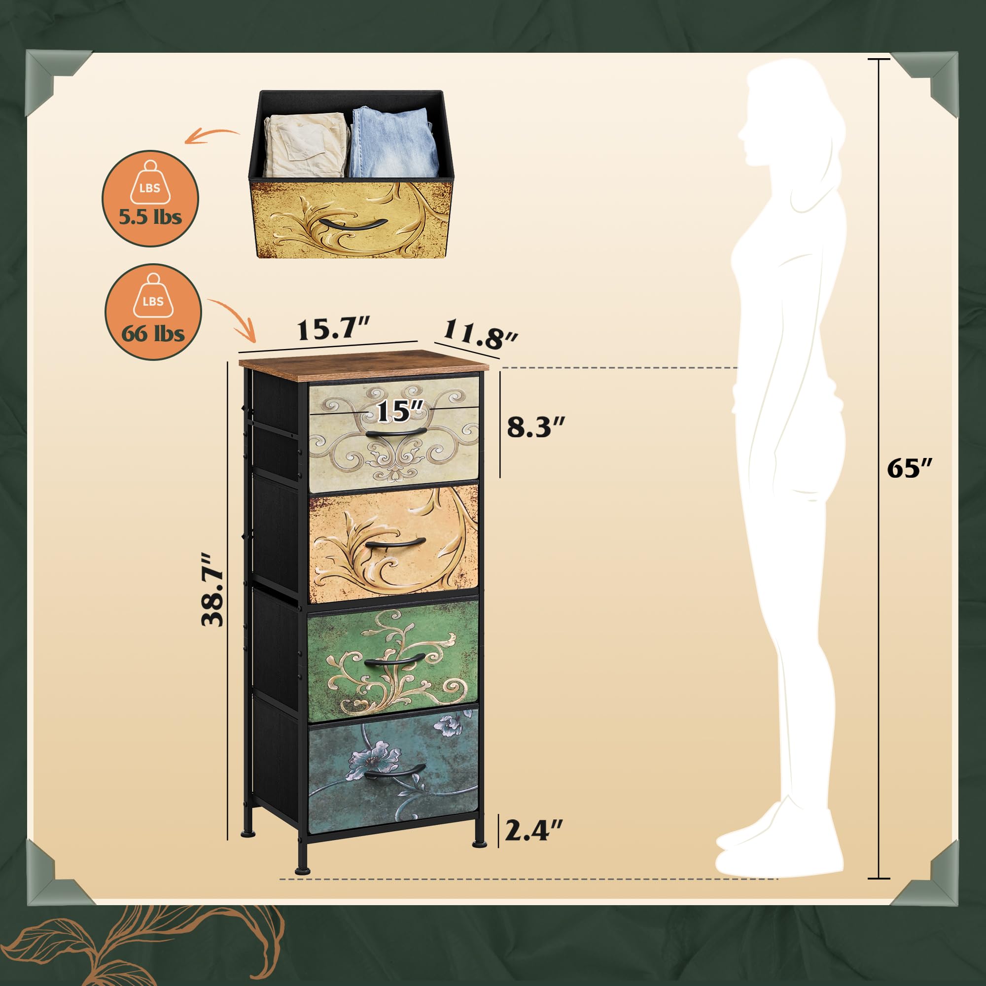 WLIVE dresser dimensions: 38.1 inches tall for versatile room placement.