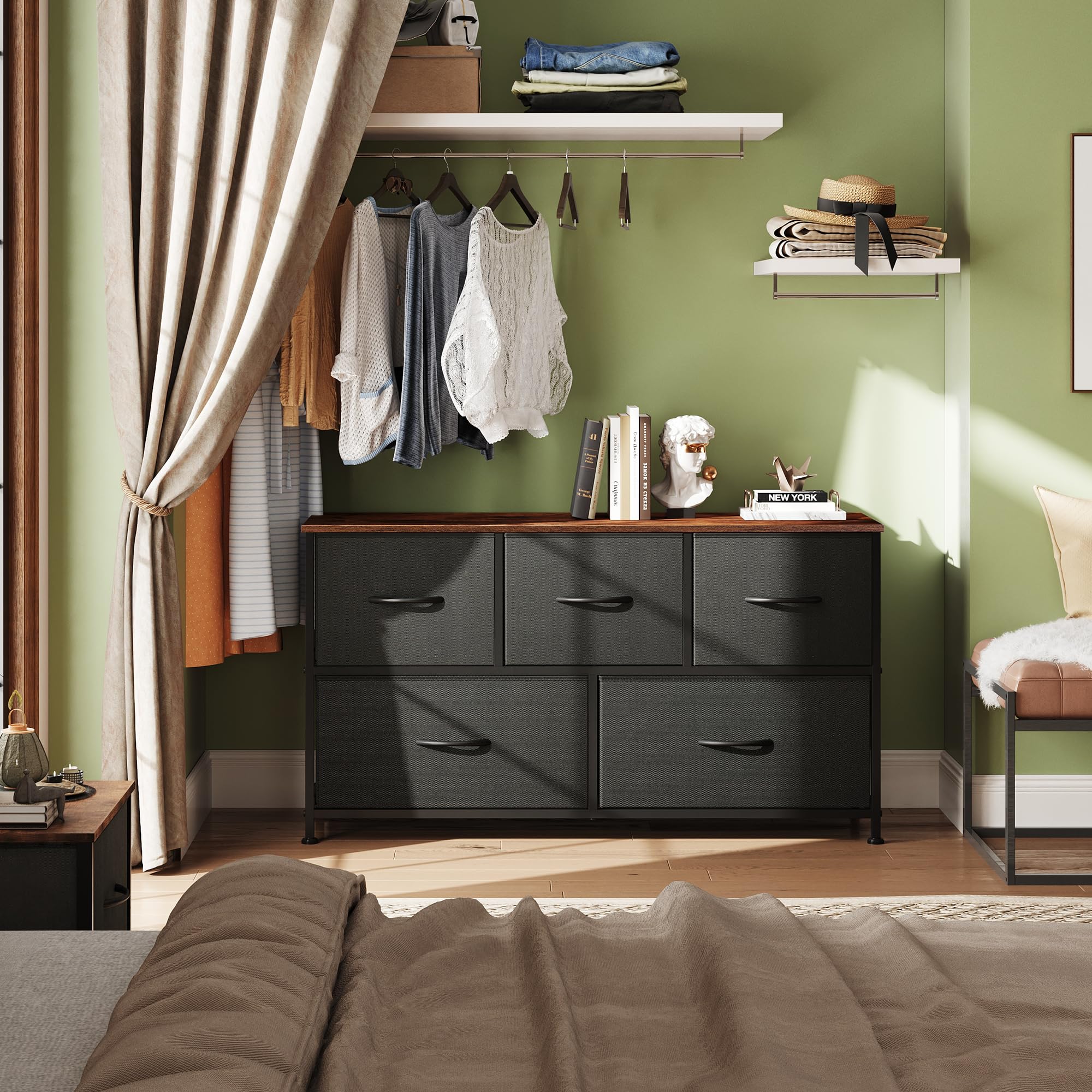 WLIVE dresser drawer open showing fabric bins for tidy closet organization.