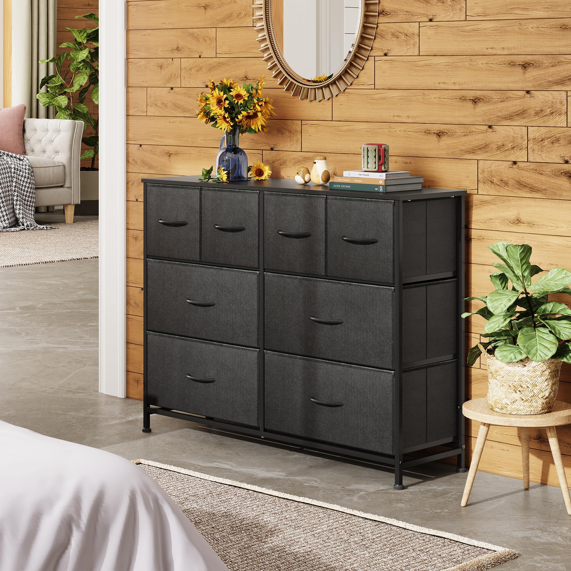 WLIVE dresser drawers open revealing spacious storage.