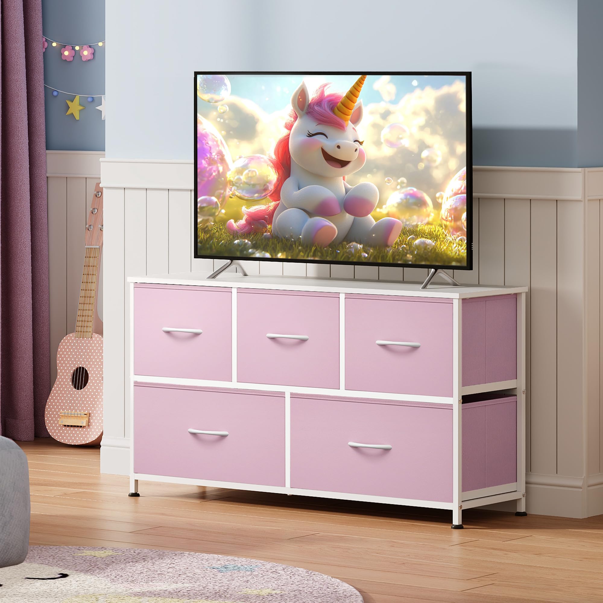 WLIVE pink fabric bin dresser offers versatile closet and living room organization.