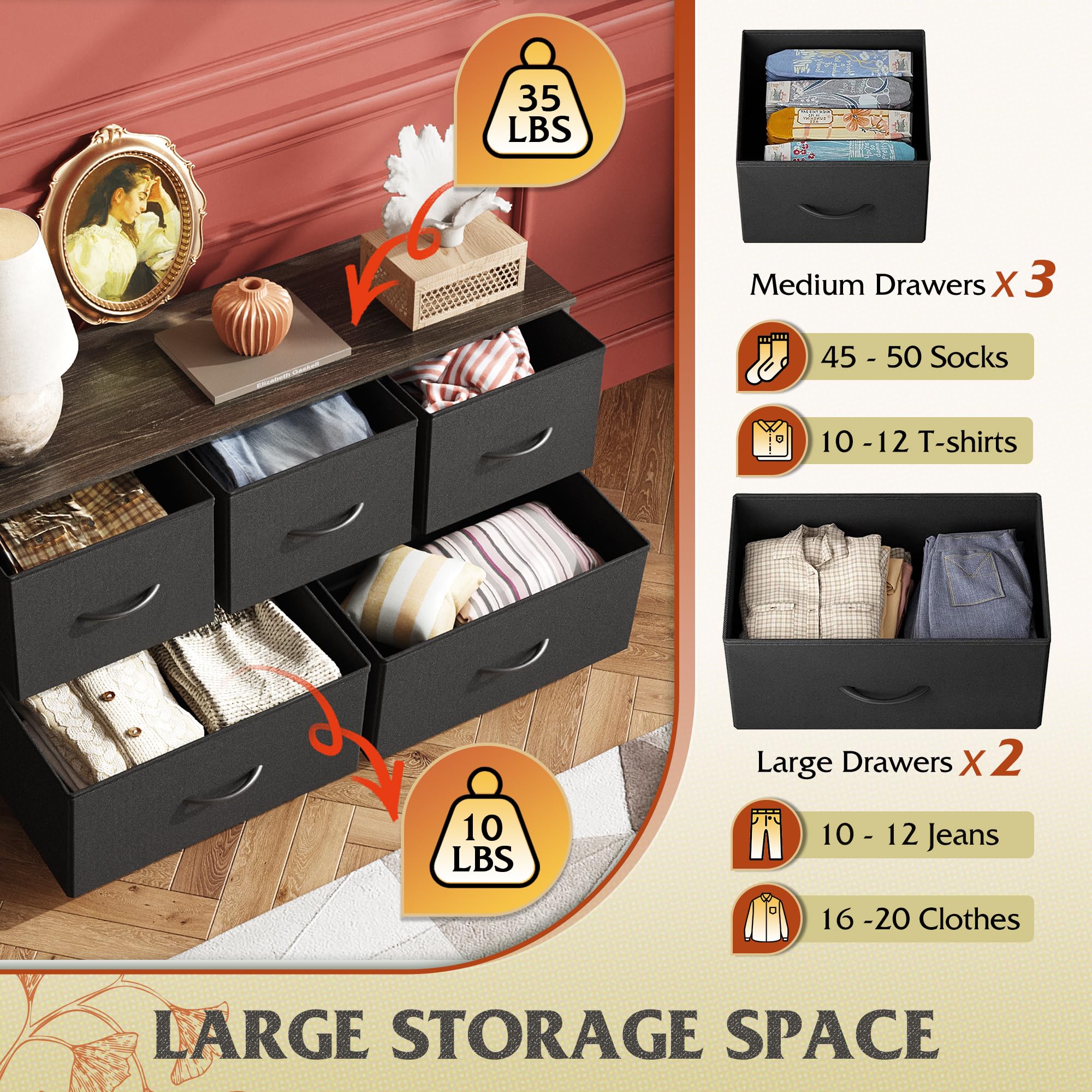 WLIVE dresser fabric drawers close-up highlighting soft, durable storage space.