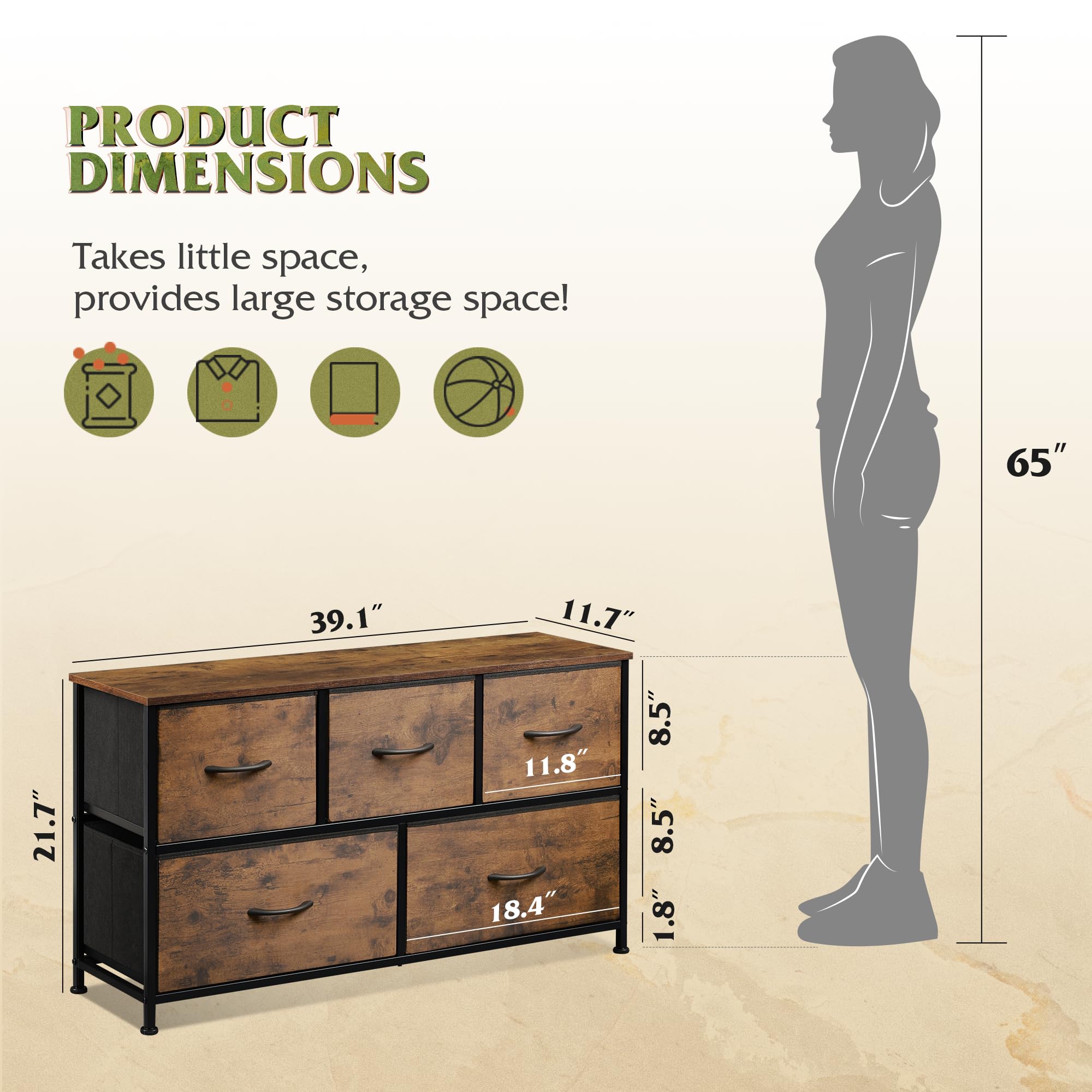 WLIVE Dresser features removable fabric bins for flexible storage.