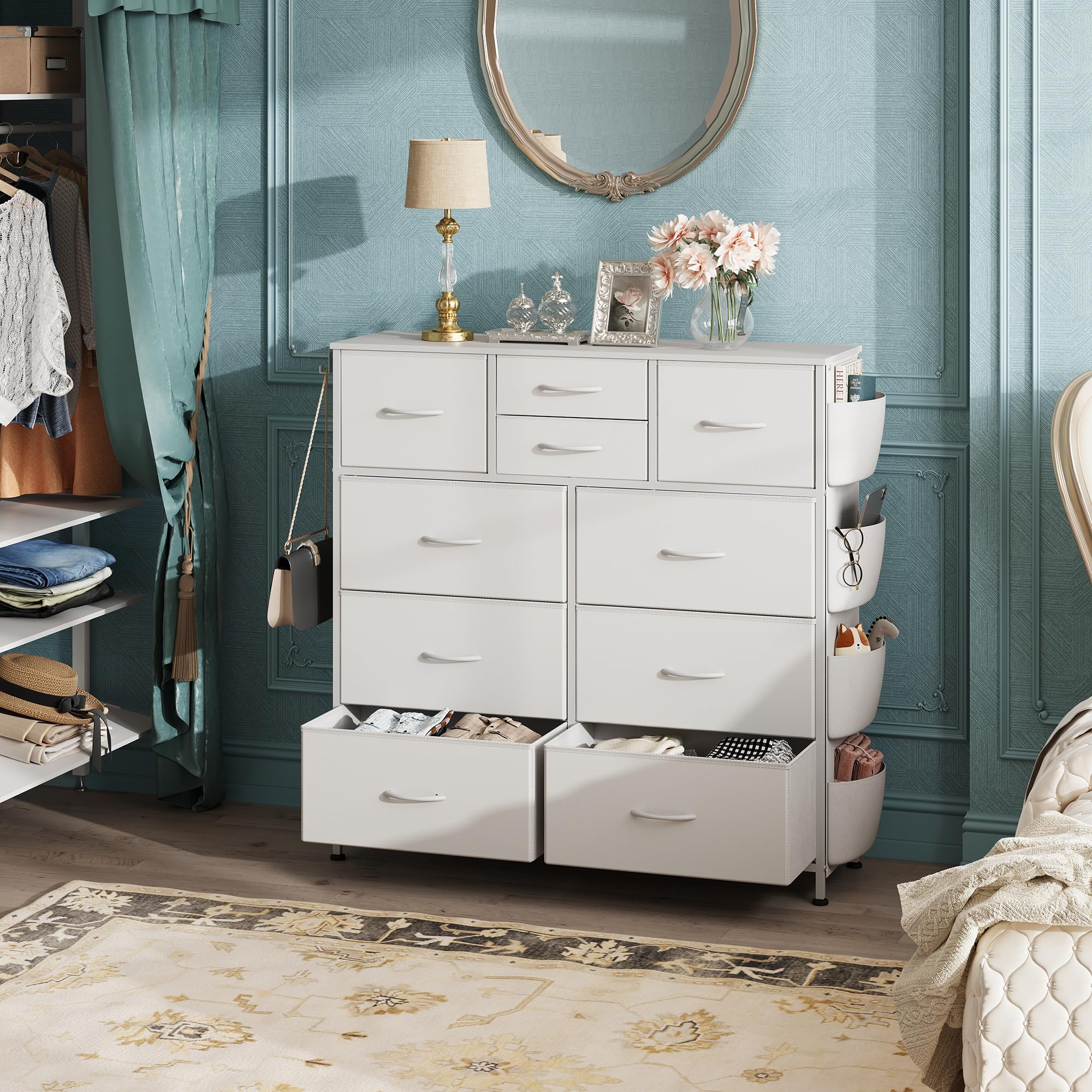 WLIVE dresser with side pockets and hooks highlights versatile hanging and light storage options.
