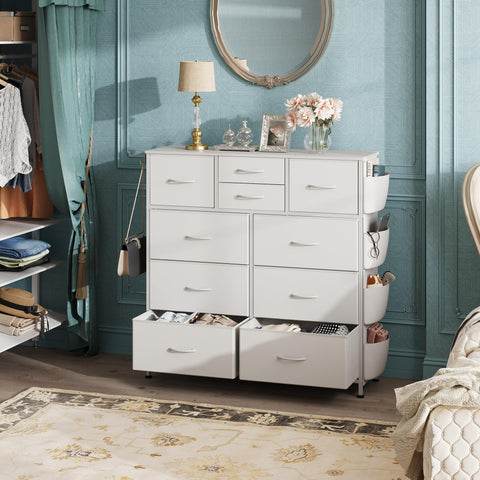 WLIVE dresser with side pockets and hooks highlights versatile hanging and light storage options.