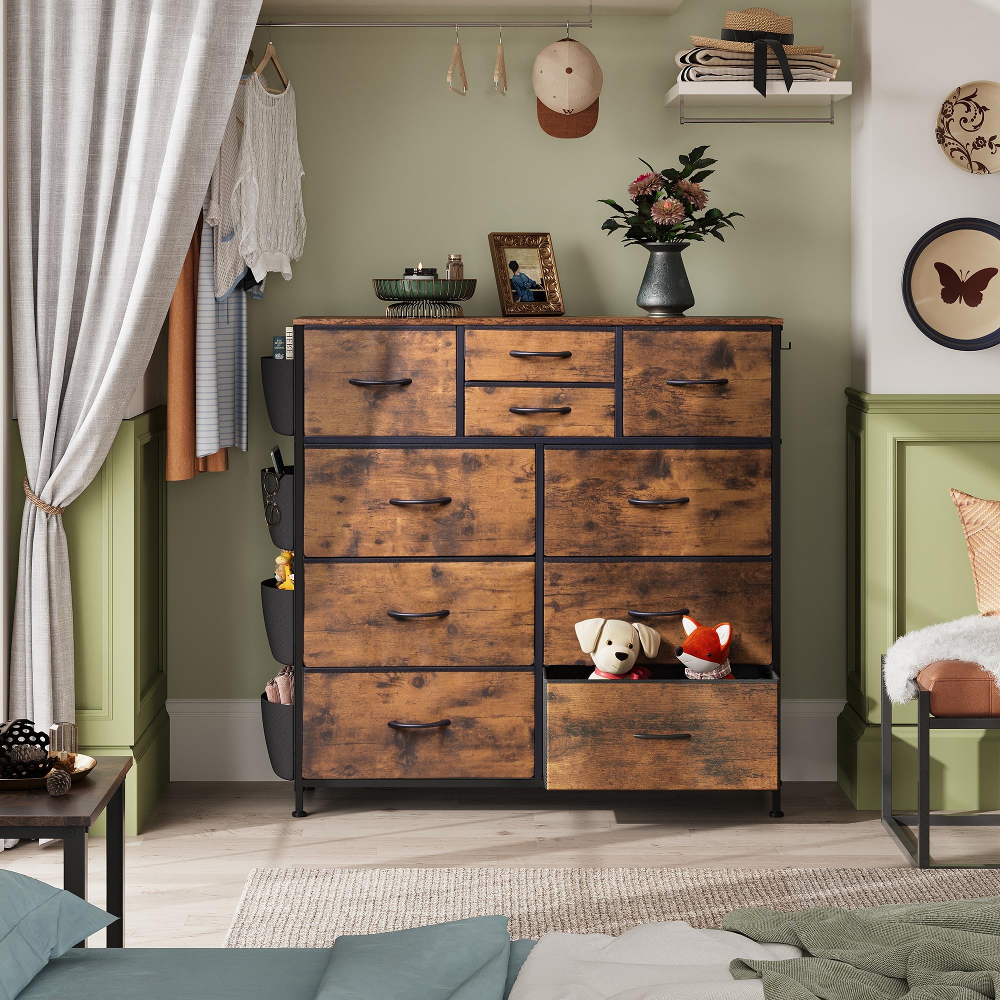 WLIVE Dresser side pockets and hooks for lightweight items within reach