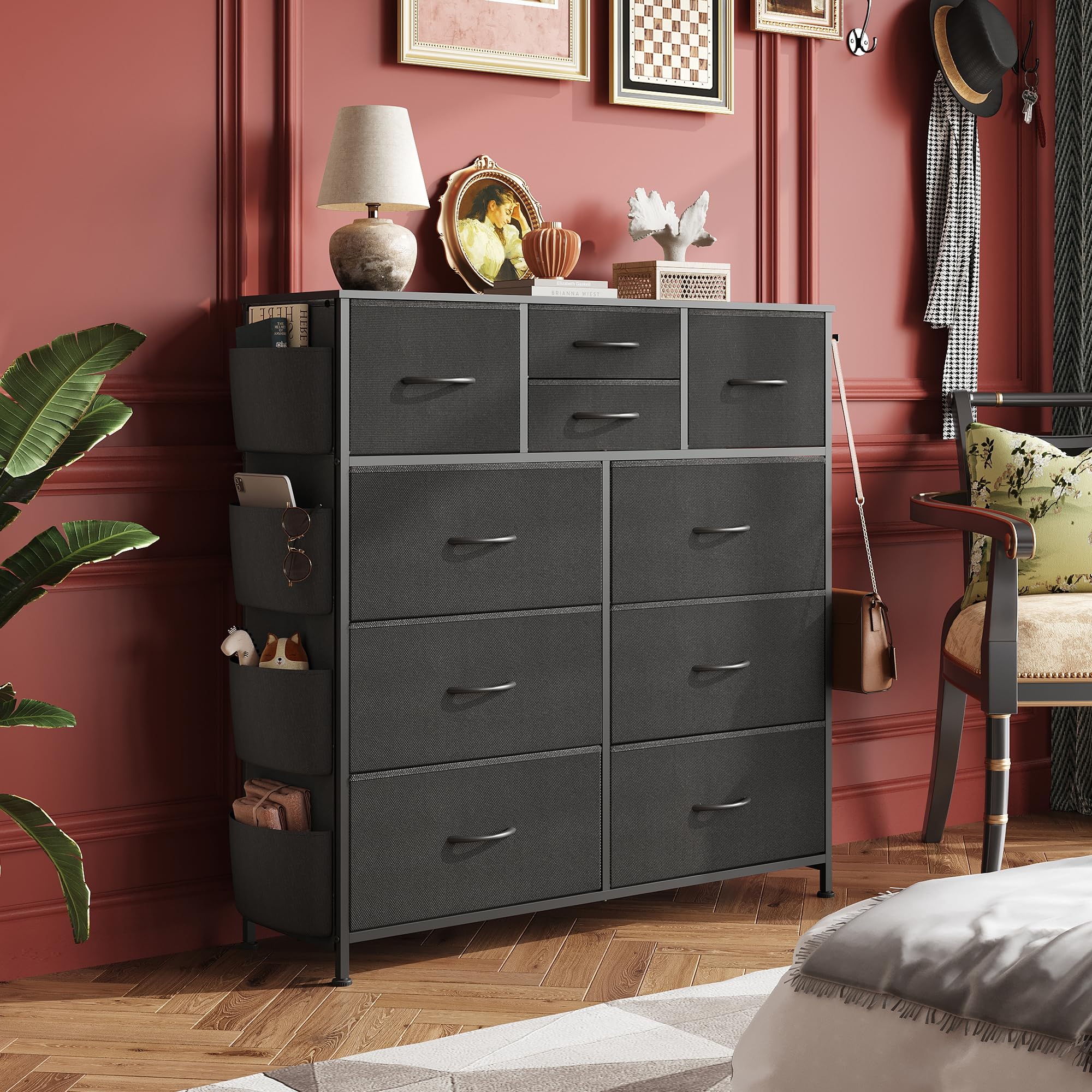 WLIVE dresser side pockets provide extra storage for lightweight items.