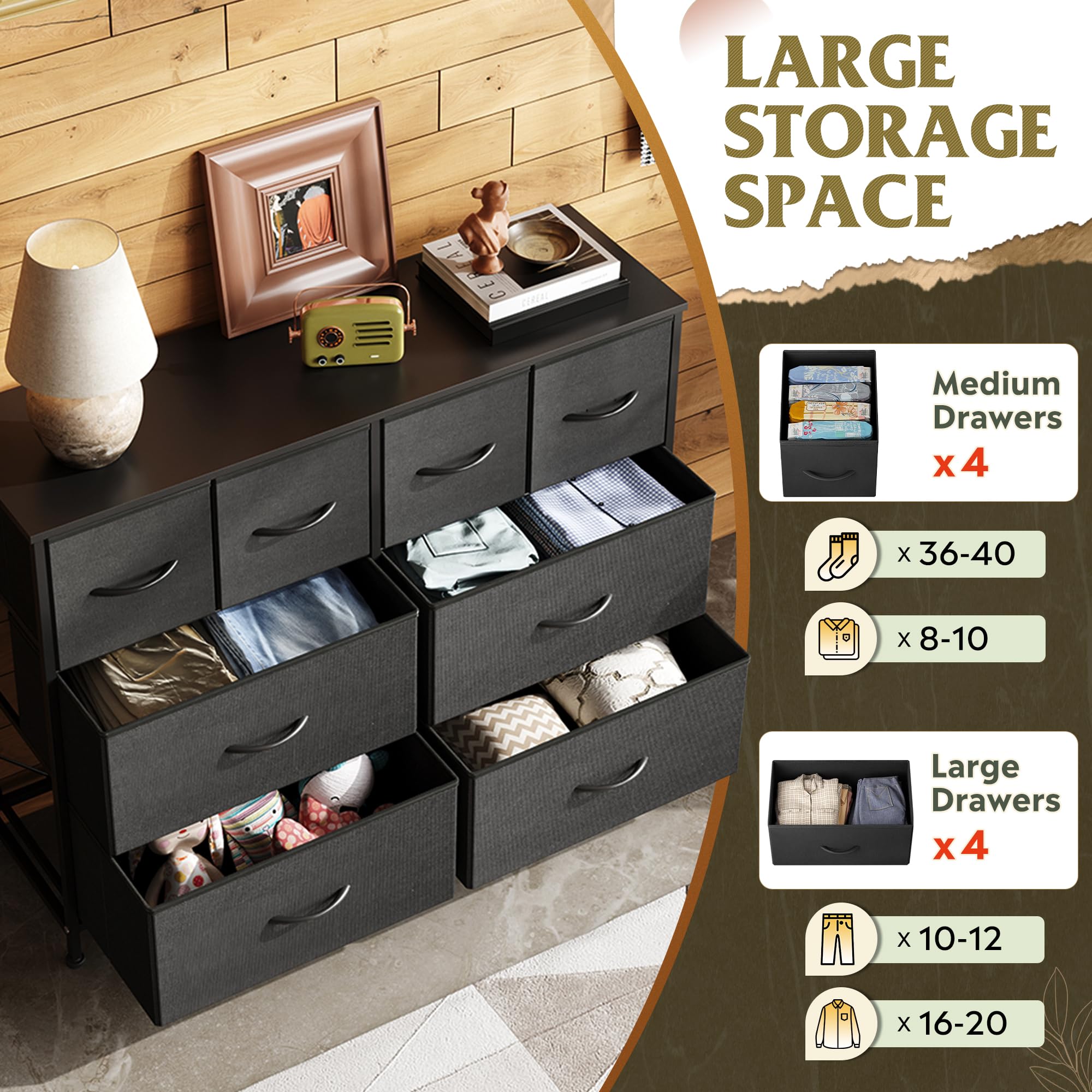 WLIVE dresser close-up of sturdy frame and fabric drawers.