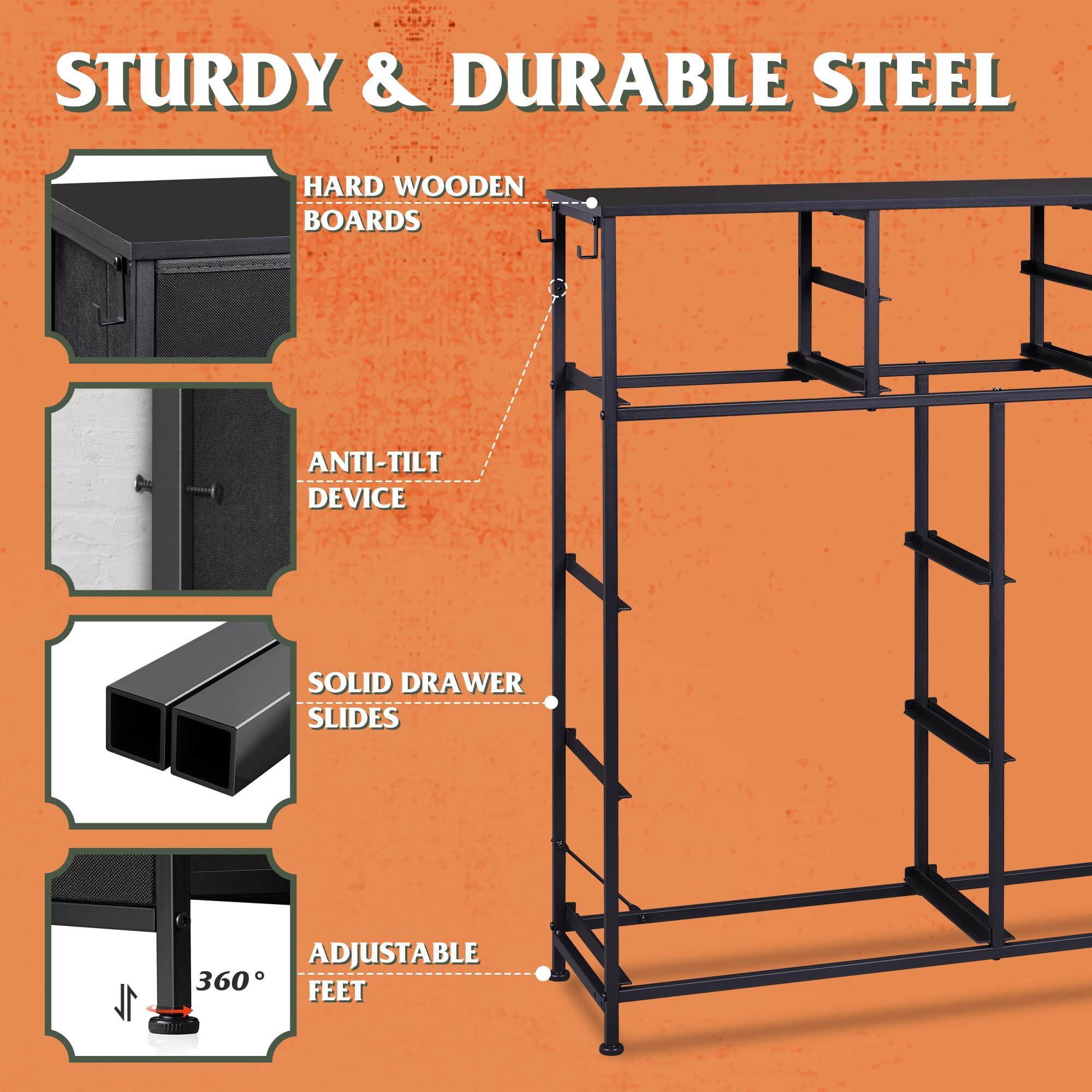 WLIVE dresser sturdy metal frame emphasizes durability and stability.