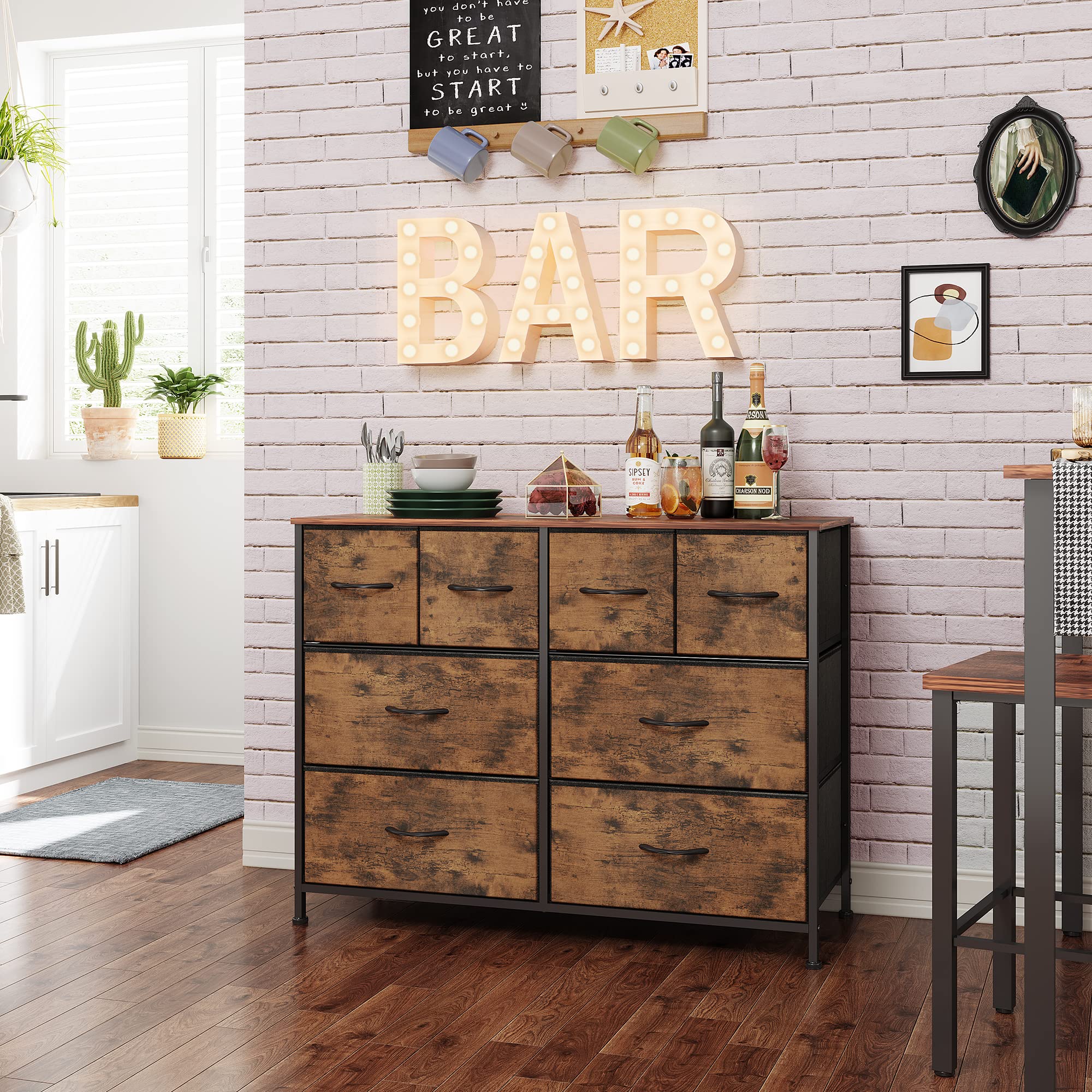 Sturdy steel frame supports eight fabric drawers for lasting organization.