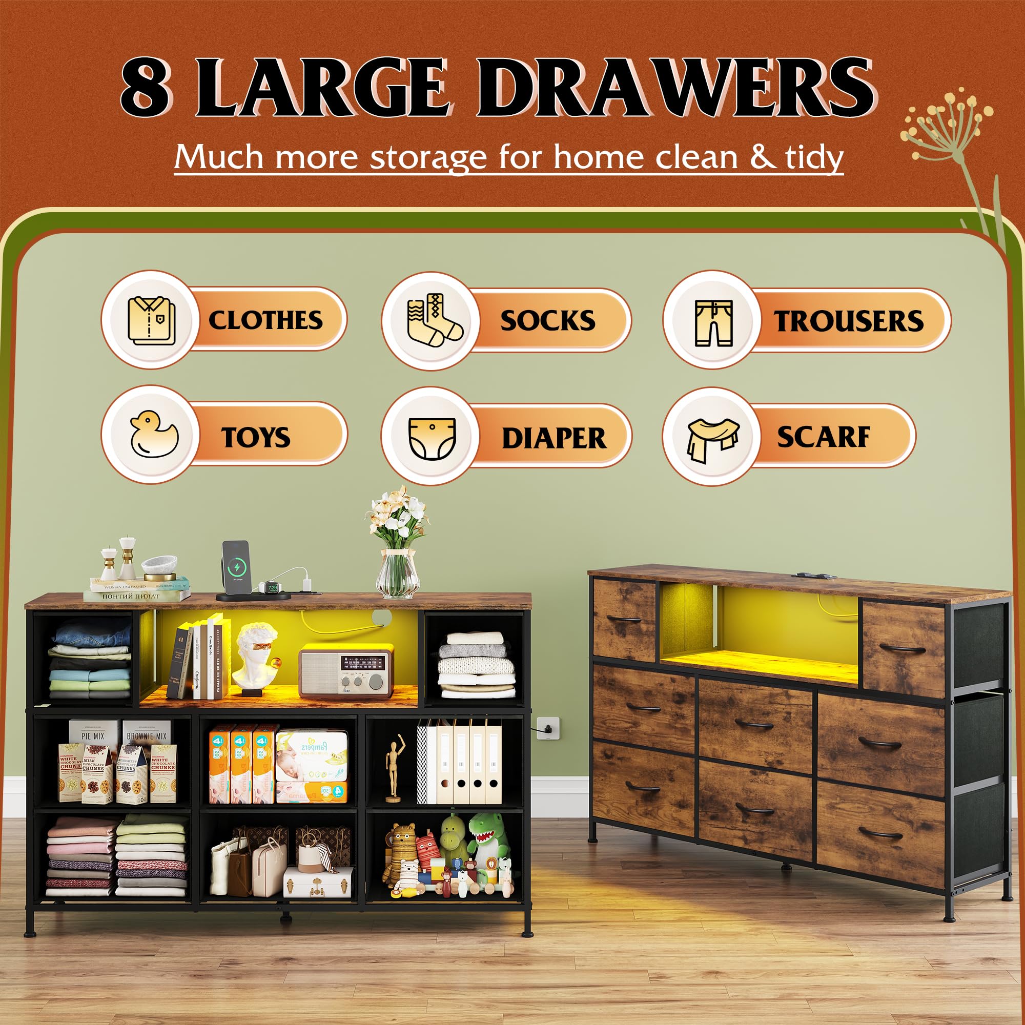 WLIVE dresser TV stand wood top surface for TV and decor