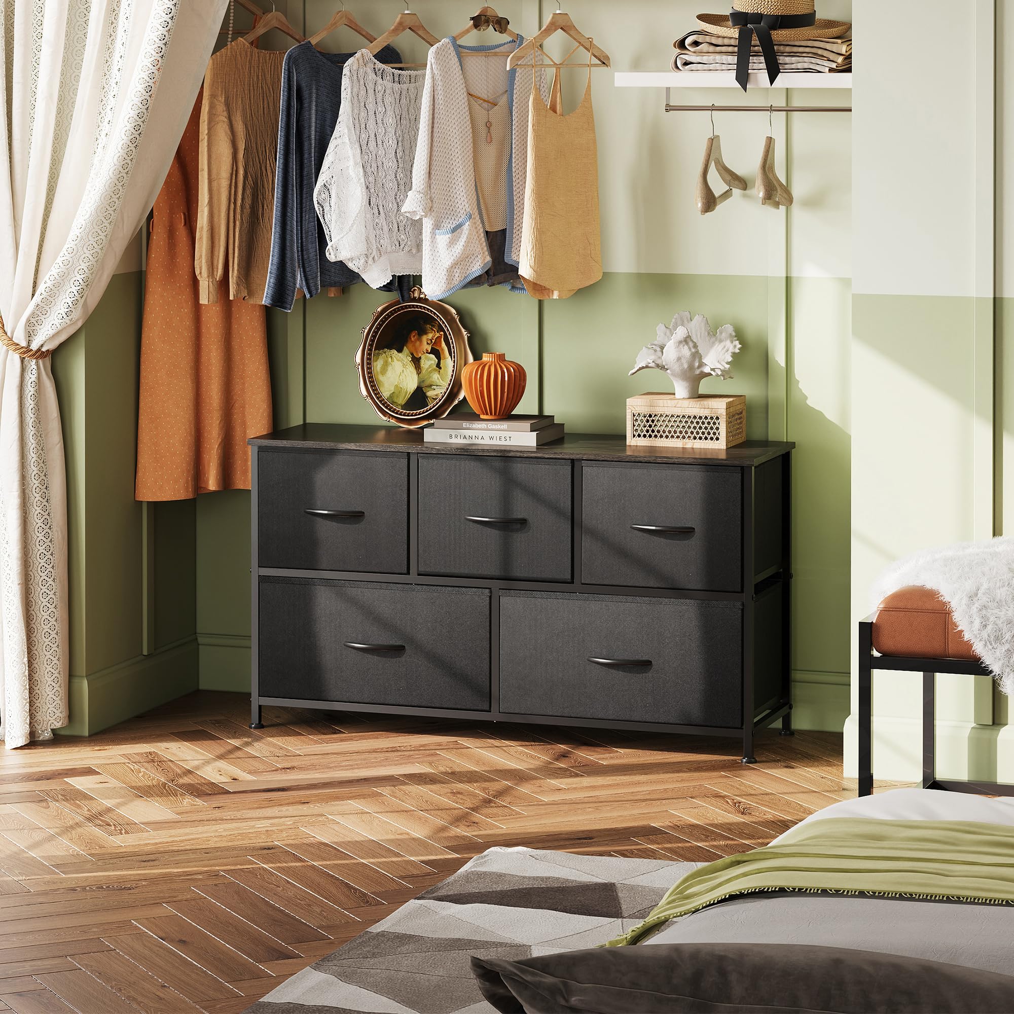 WLIVE dresser wood top displaying a lamp and photos for decorative use.
