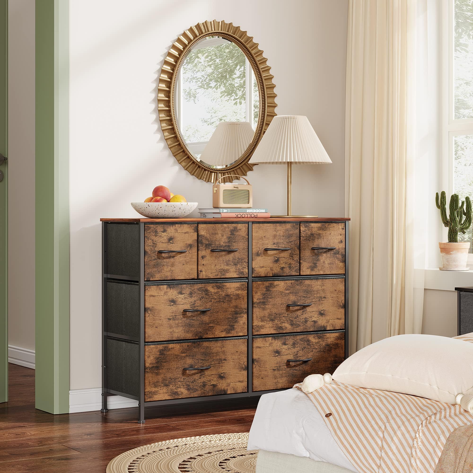 WLIVE dresser top display area showcases lamp and photos for easy reach.