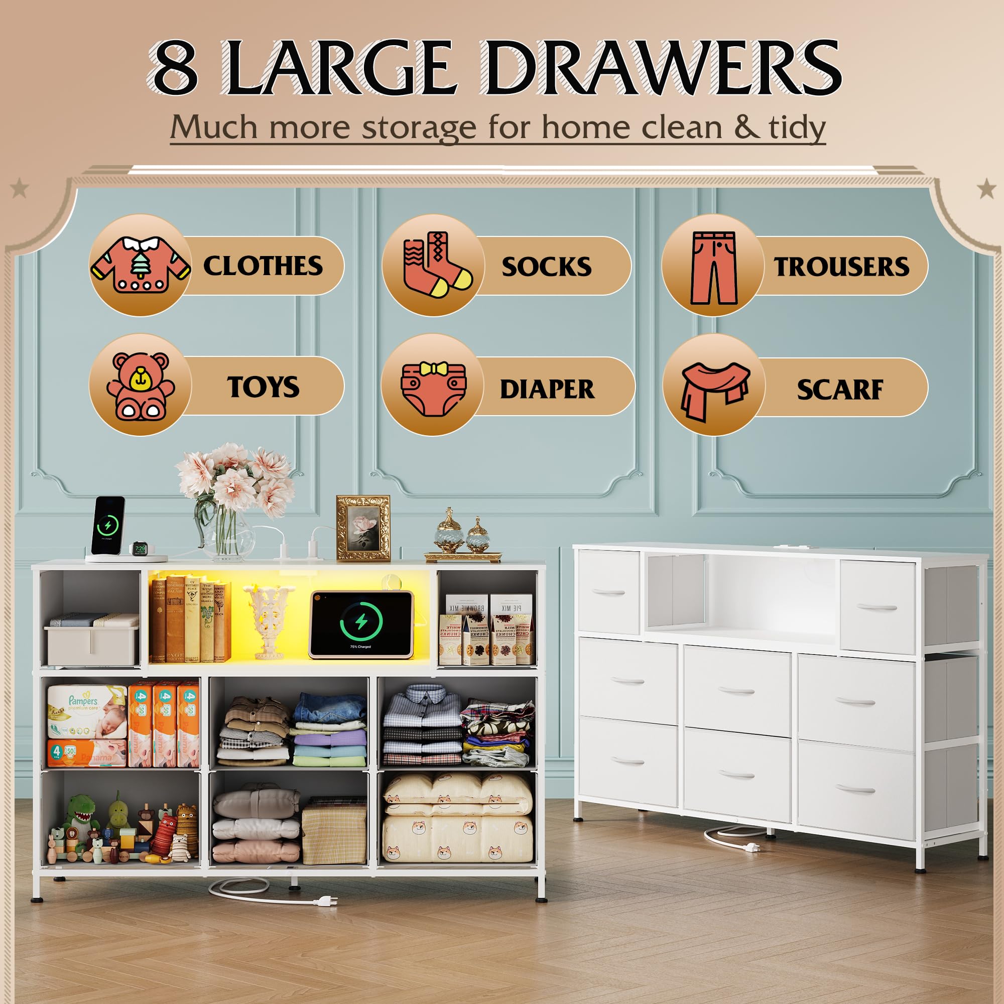 WLIVE eight fabric drawers keep media accessories neatly organized