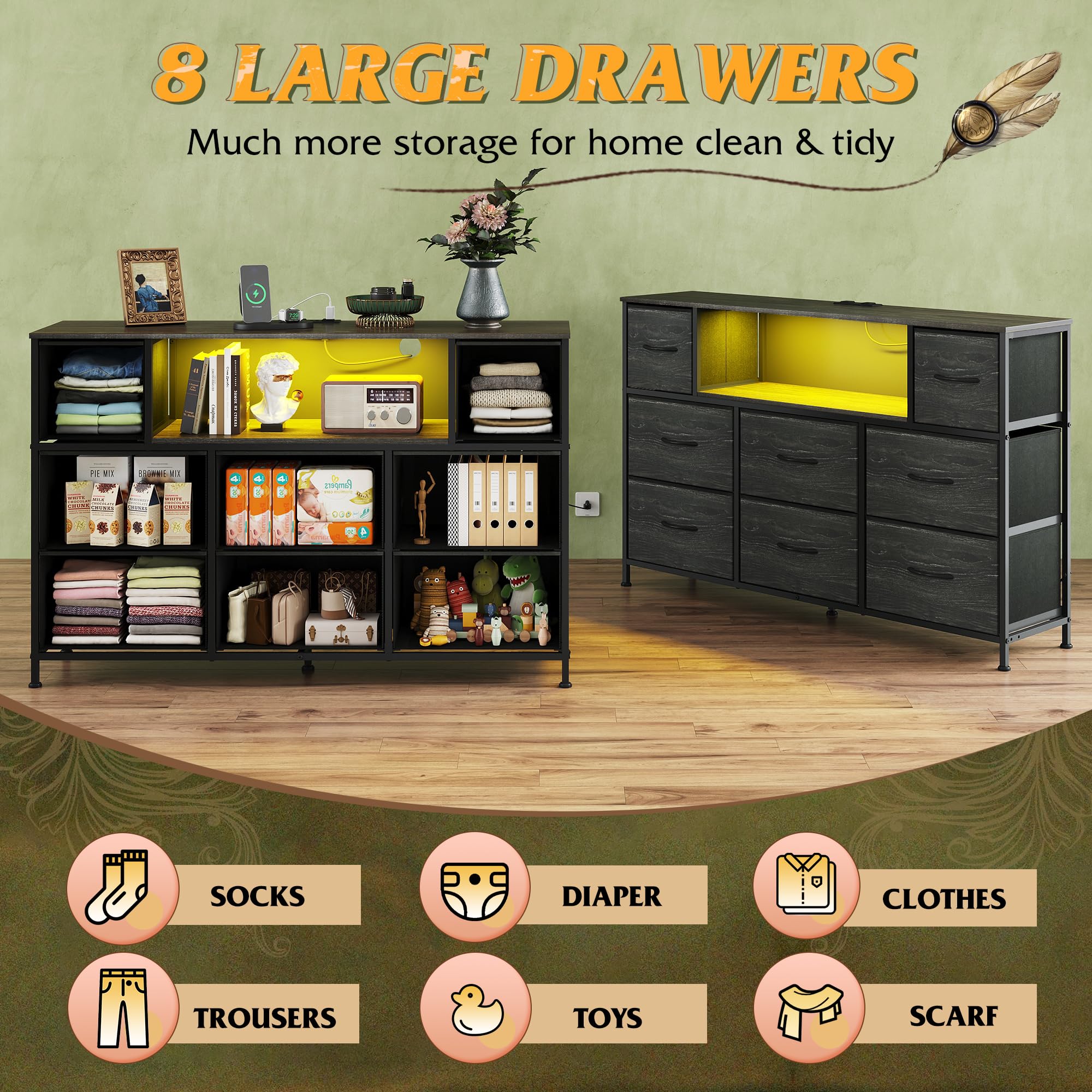 WLIVE eight fabric drawers provide versatile storage for remotes and gadgets.