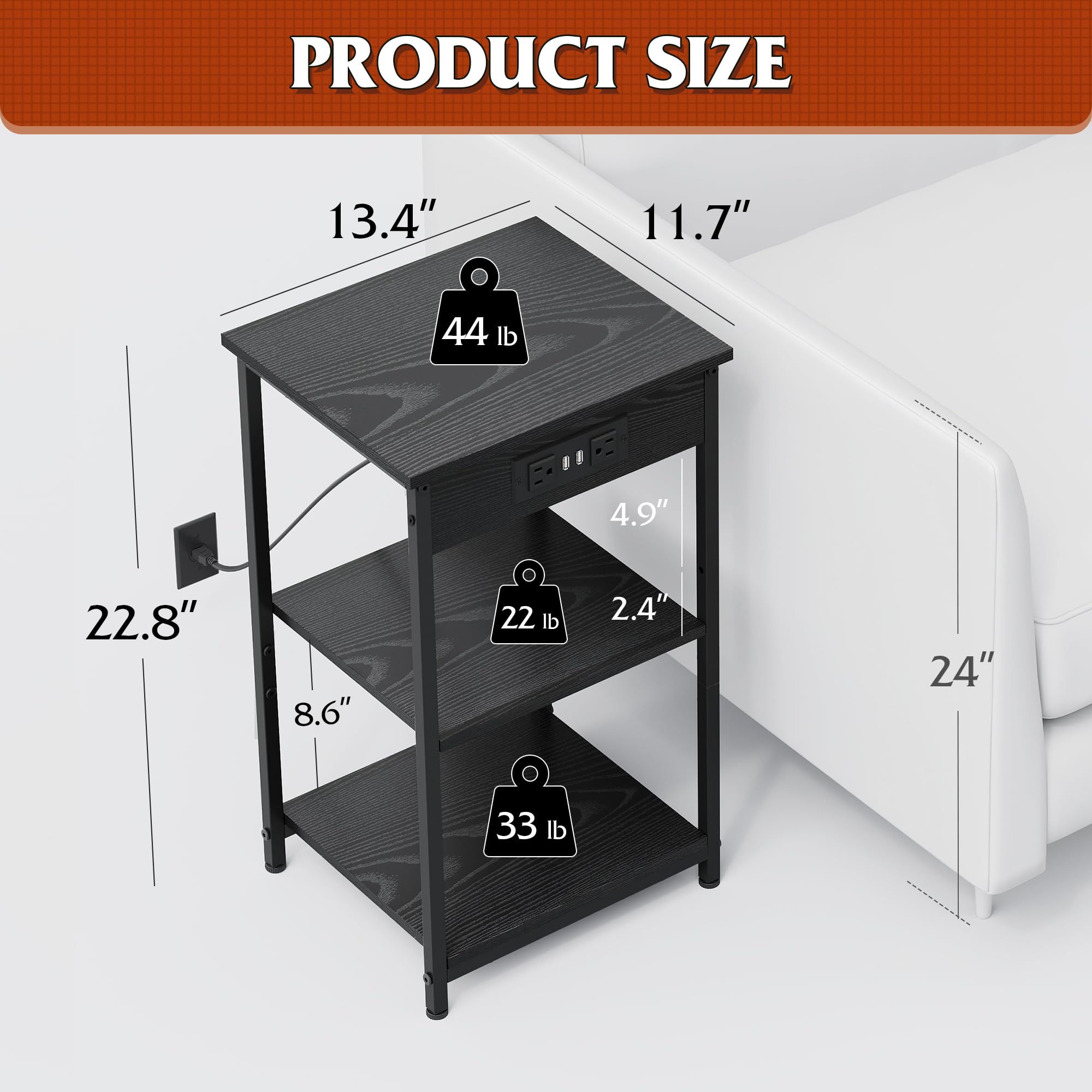 WLIVE end table charging station side view showcases USB ports for charging on the go