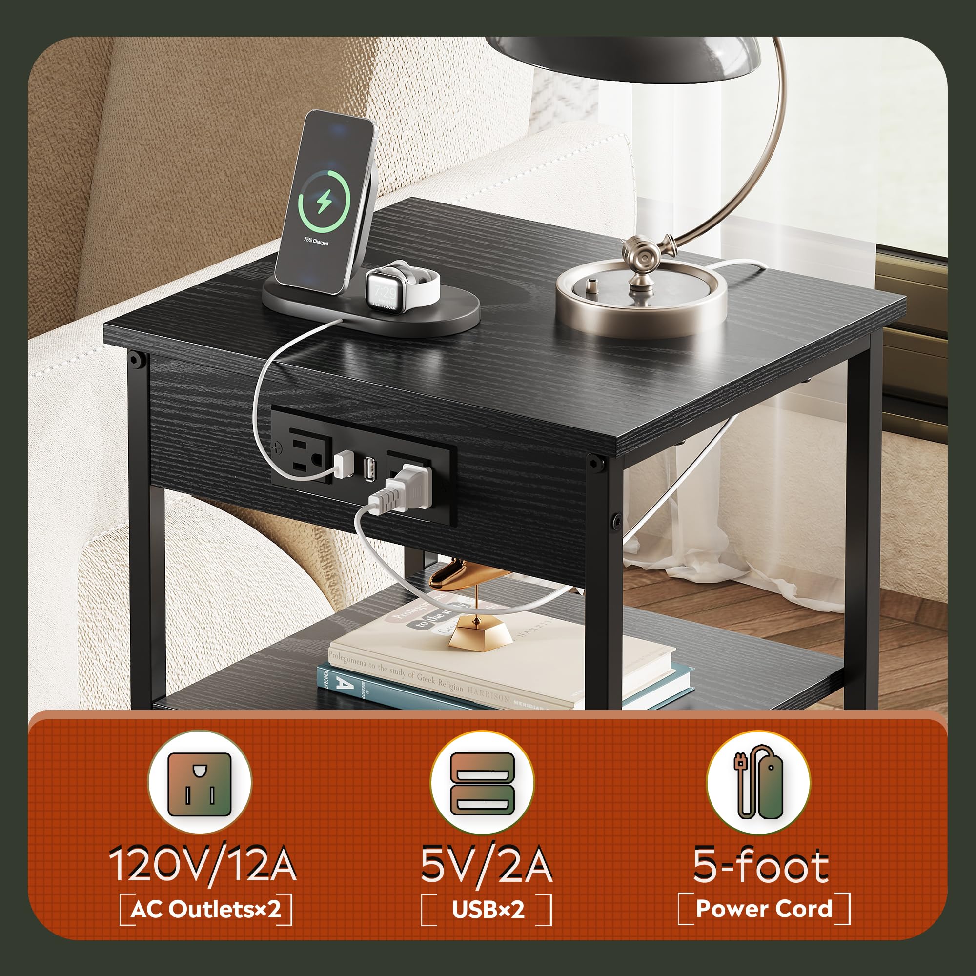 WLIVE end table compact dimensions, front view in a small room