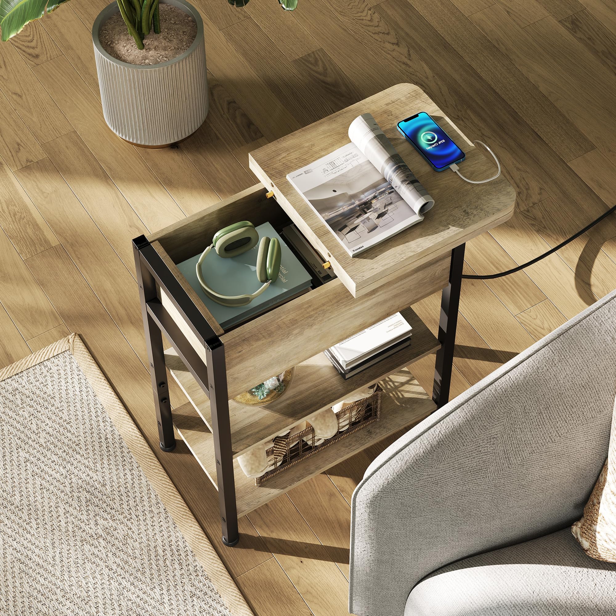 WLIVE end table flip top drawer opened for remote and magazine storage