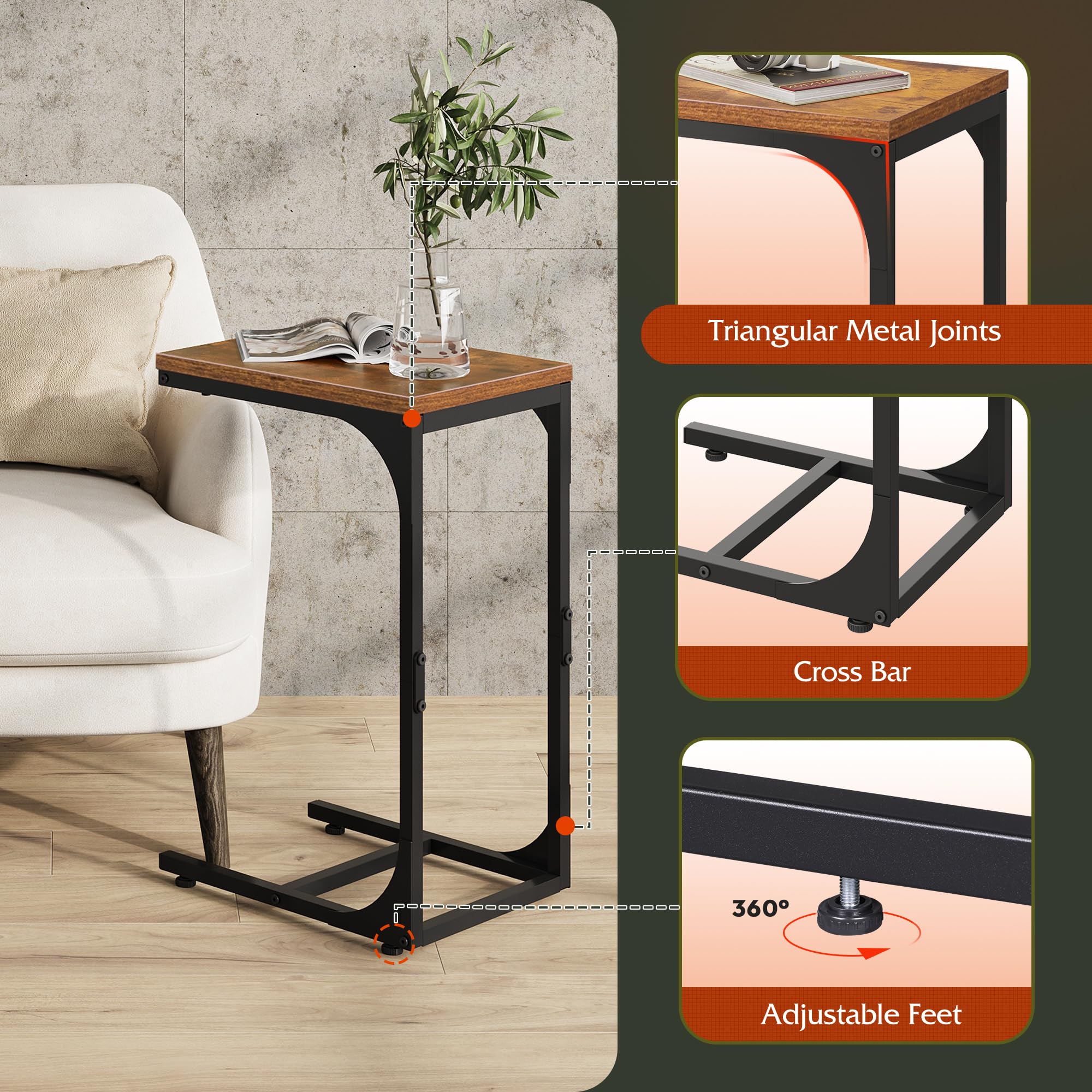 WLIVE end table with four adjustable feet protects rugs