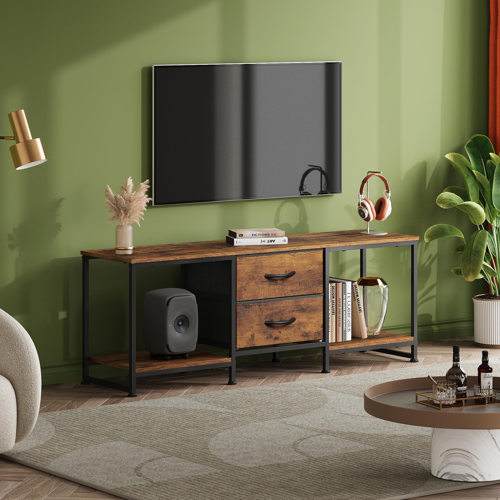 WLIVE industrial media console with open shelves for devices and decor.